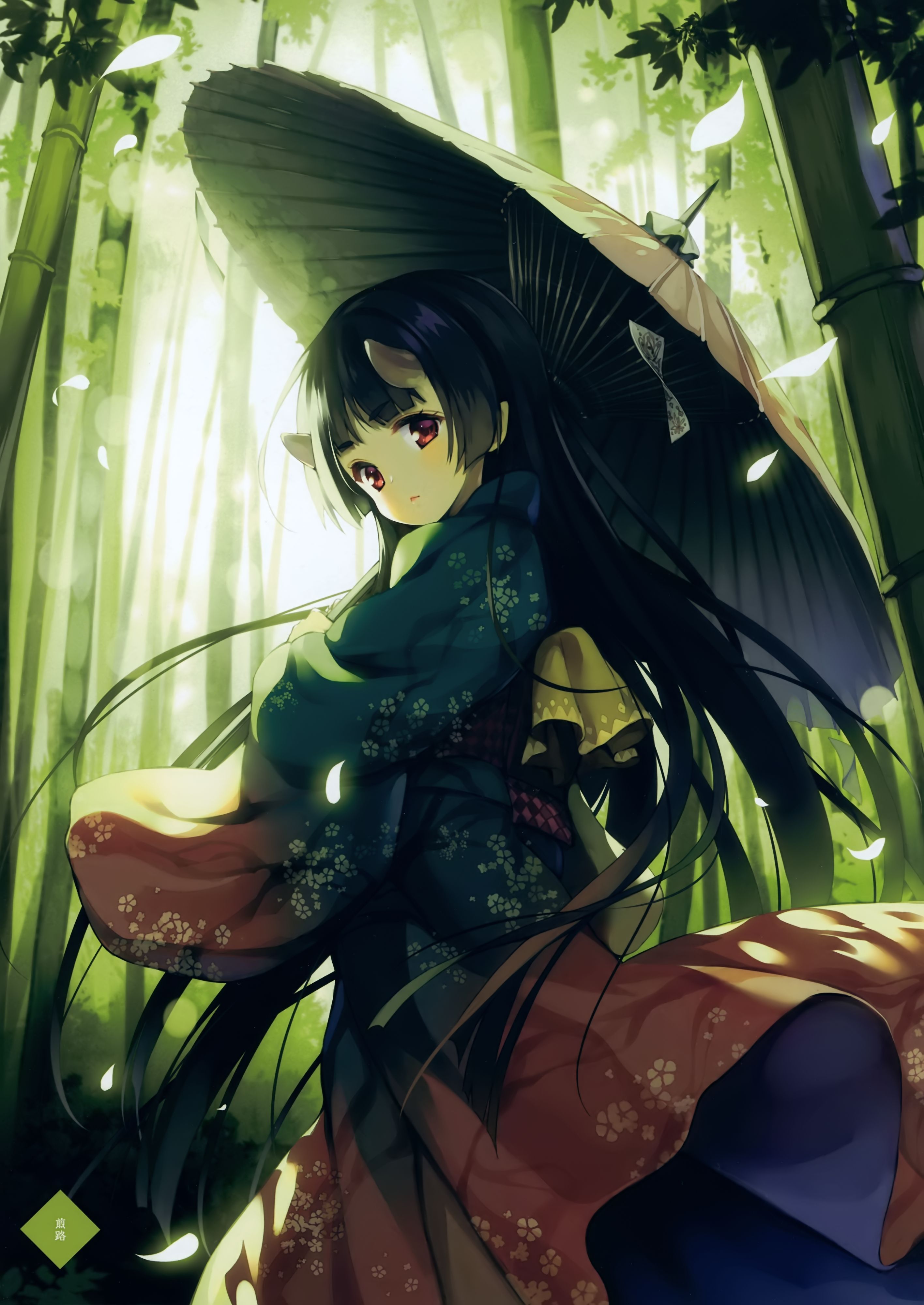 Download 2833x4000 Anime Girl, Forest, Bamboo, Kimono, Loli, Horns