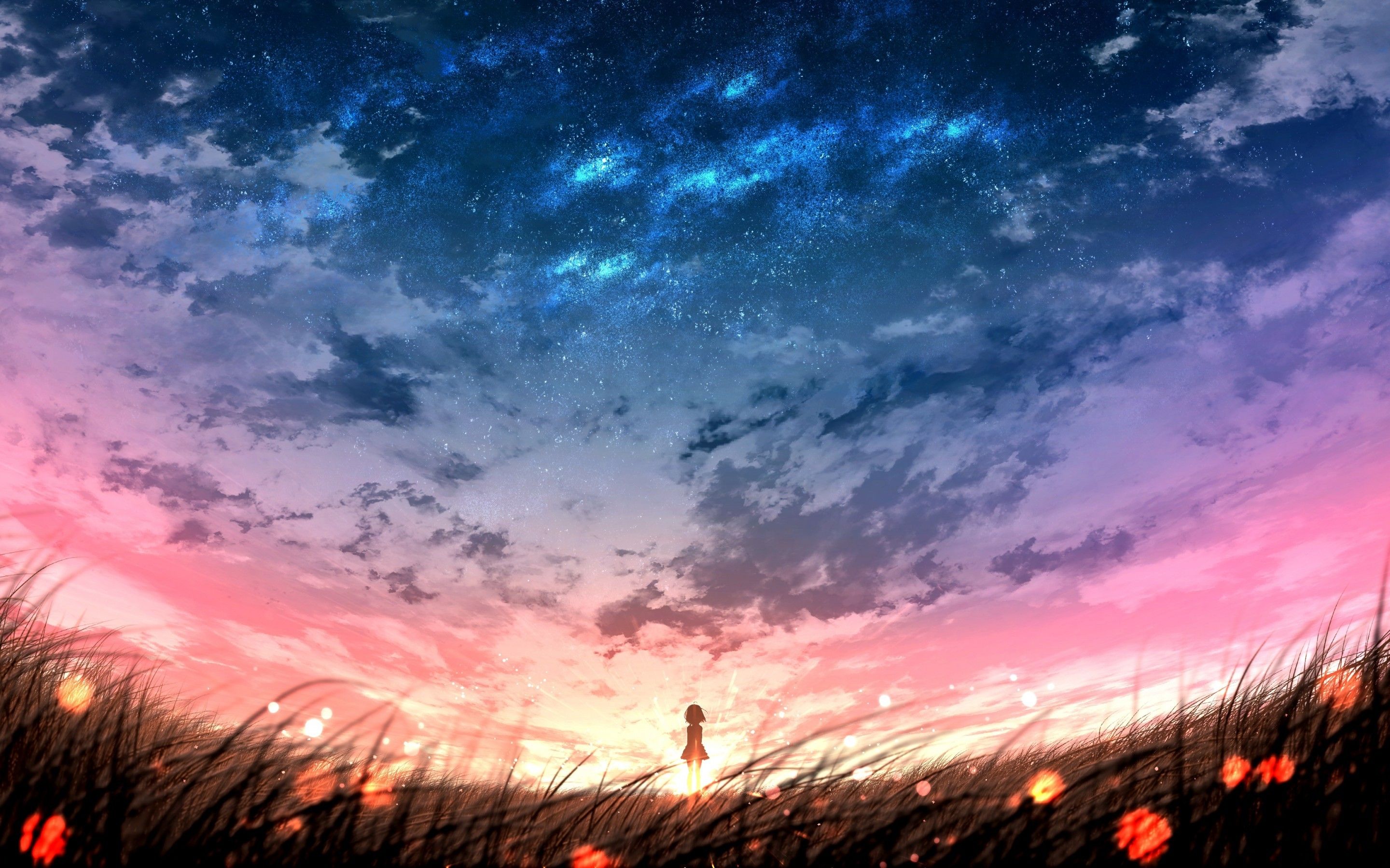 Download 2880x1800 Anime Landscape, Sunset, Plants, Field, Sky