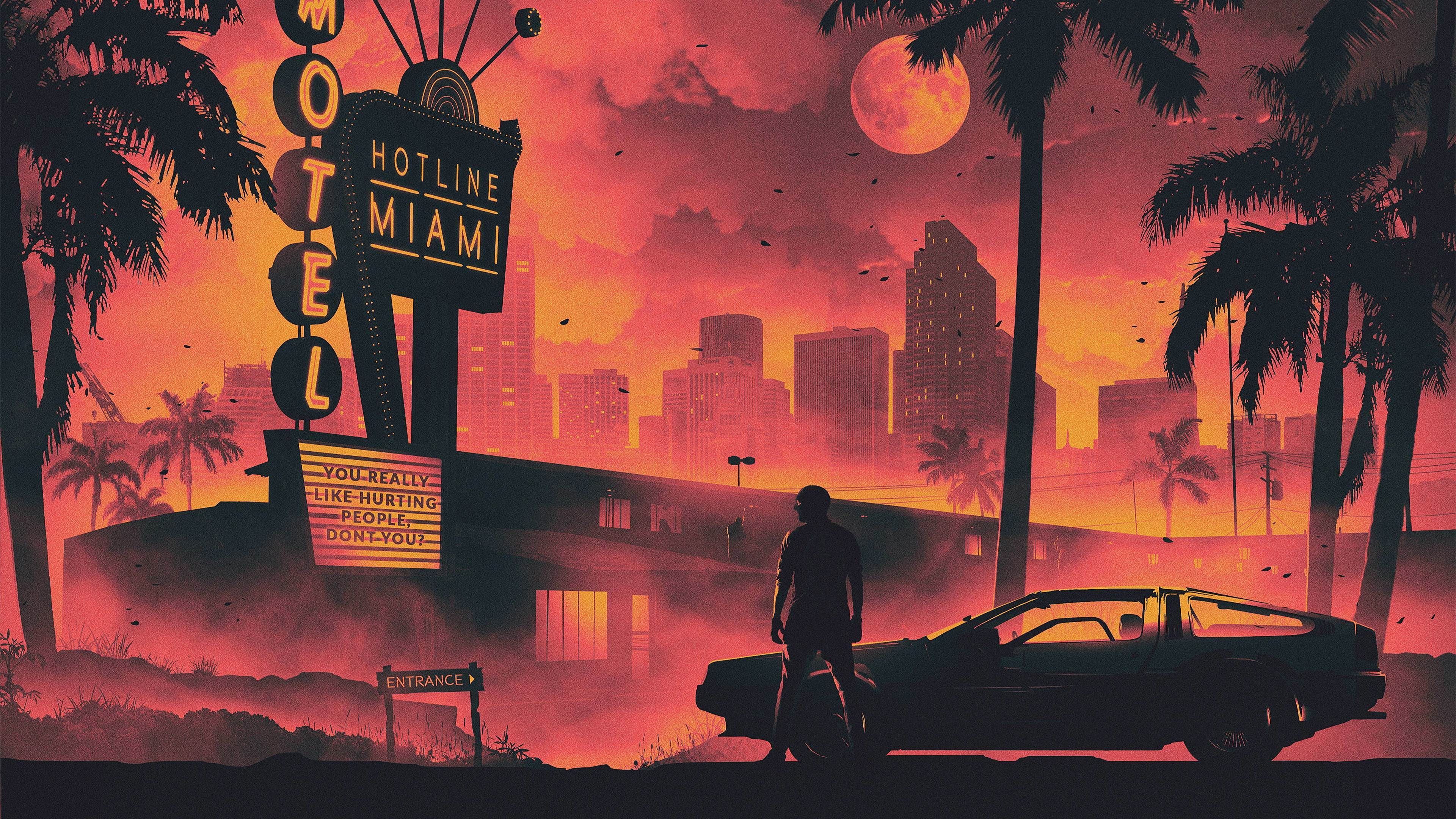 Hotline Miami Game Retro Style Dark Life Cityscape 5k sunset
