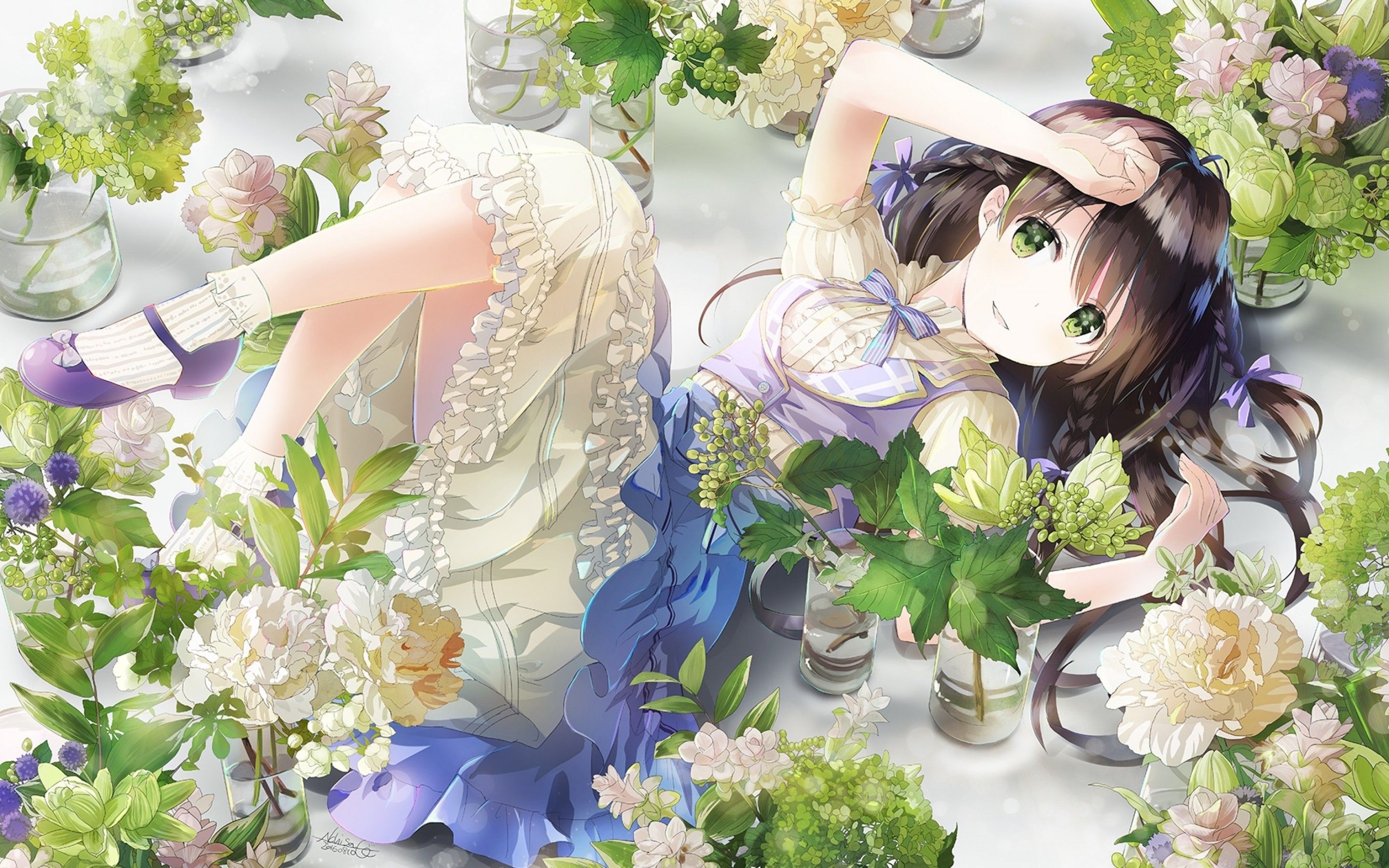 Download 2880x1800 Anime Girl, Lying Down, Flowers, Vase, Brown