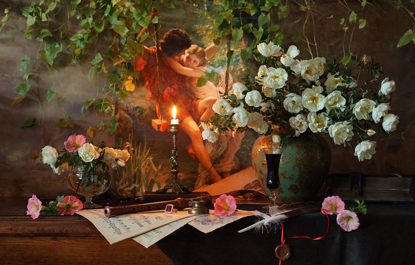 Wallpaper girl, light, flowers, wine, glass, roses, candle