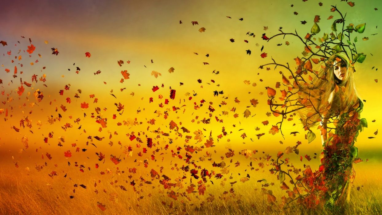 Arts Autumn Girl Leaves Nature Wind Wallpaperx1080