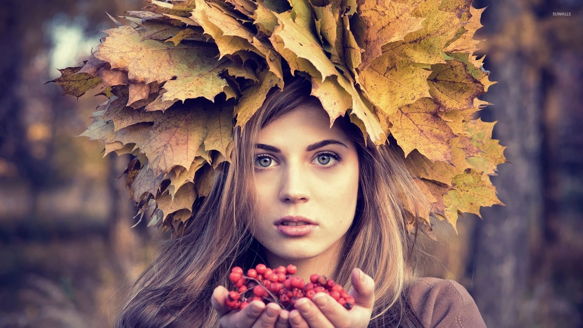 Blue eyed blonde with an autumn leaf hat wallpaper