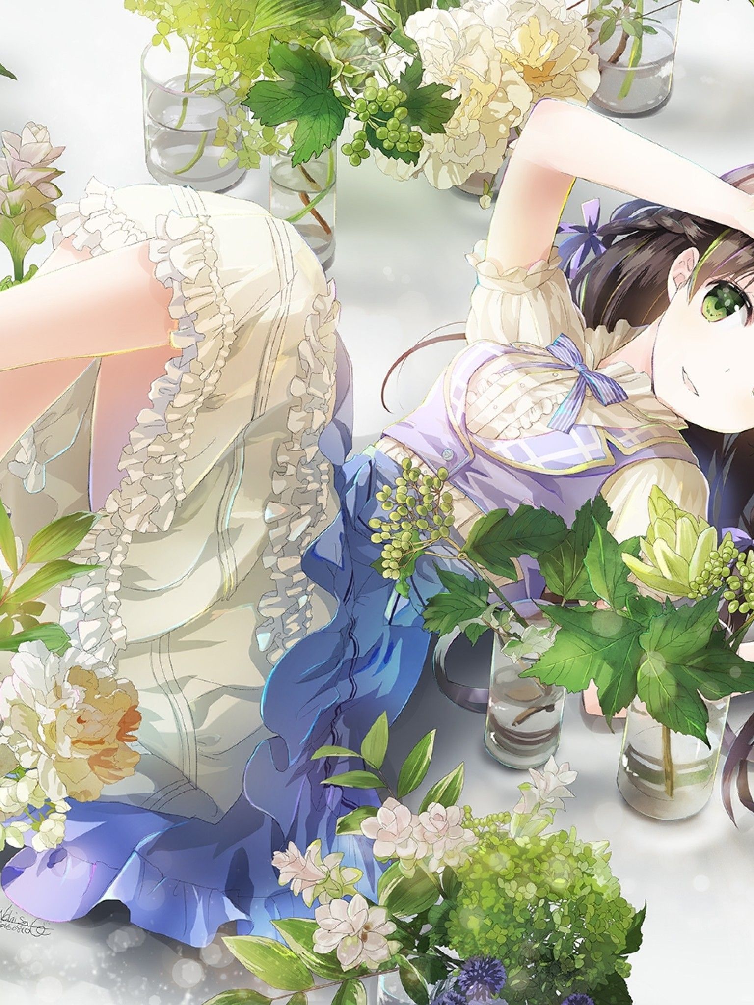 Download 1536x2048 Anime Girl, Lying Down, Flowers, Vase, Brown