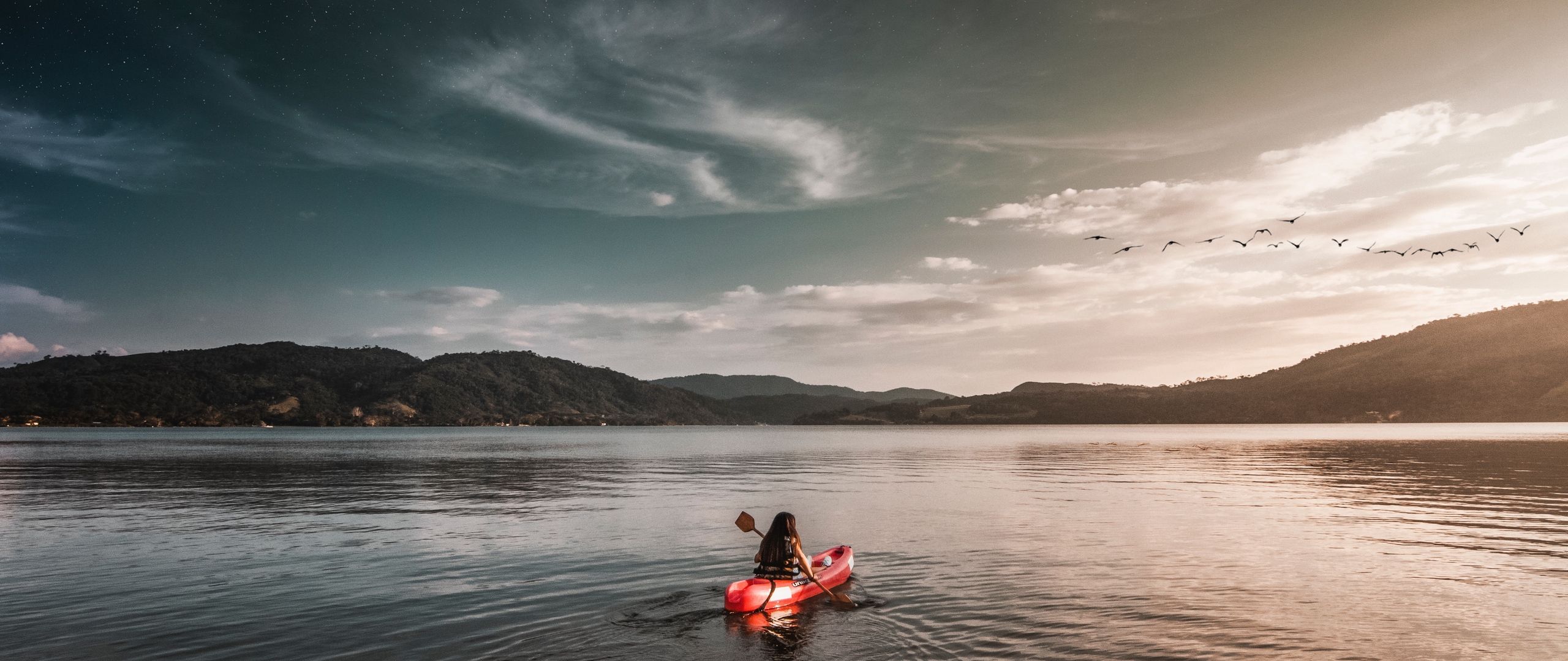 Download wallpaper 2560x1080 boat, lake, girl, solitude, alone