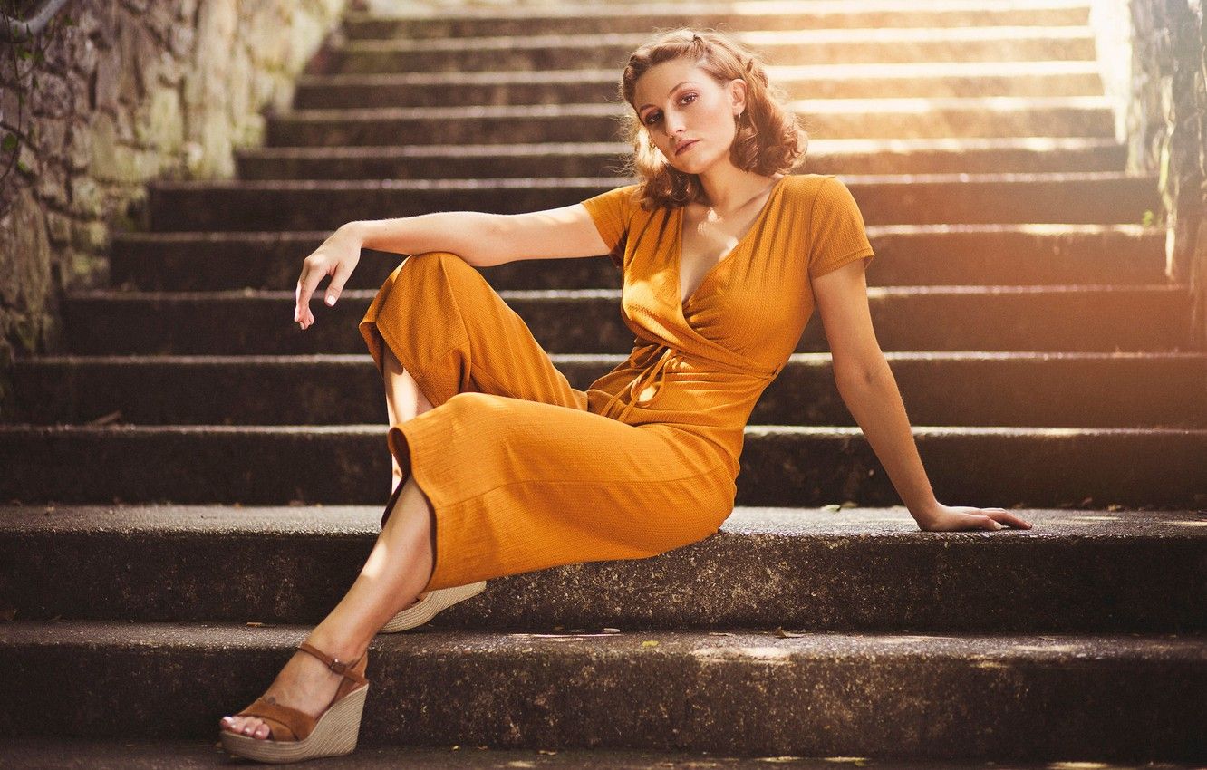 Wallpaper look, girl, pose, ladder, stage, jumpsuit image