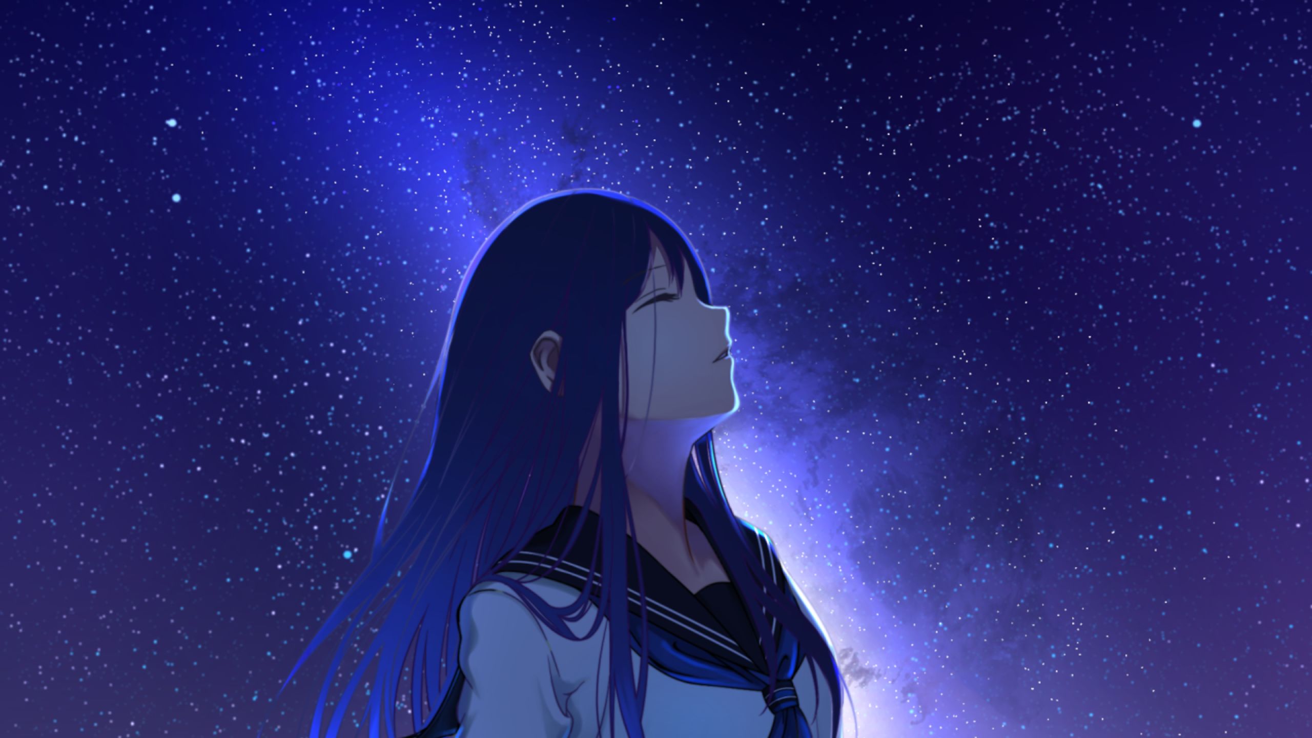 Anime Girl And Night Stars 1440P Resolution Wallpaper