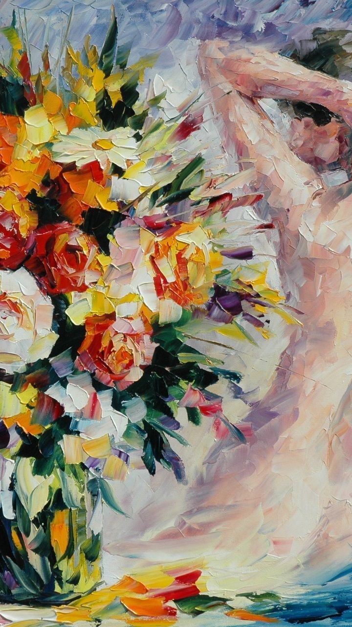 girl, back, vase, flowers, bouquet, leonid afremov