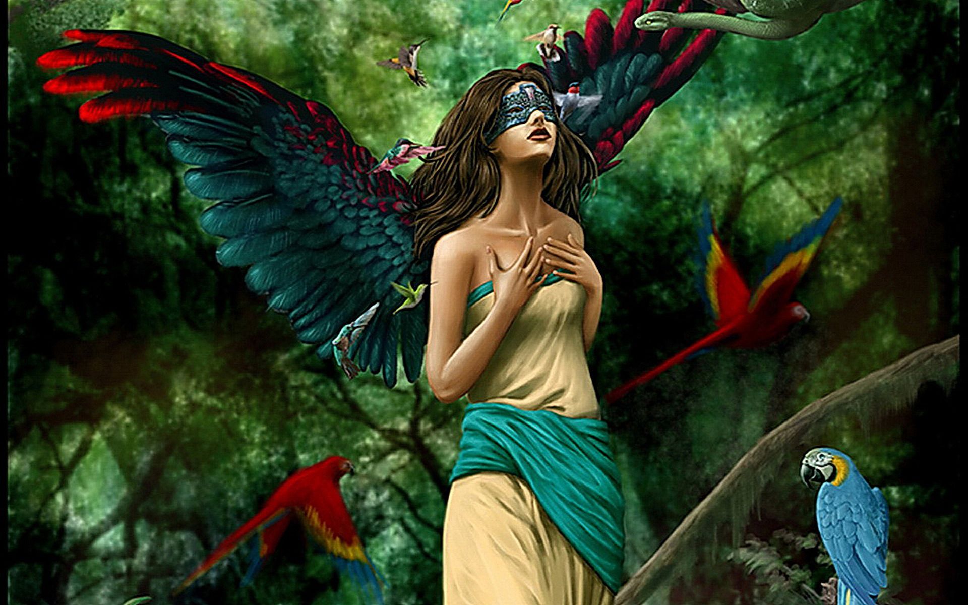 Girl With Wings, Face Mask, Parrot Snake HD Wallpaper 2743