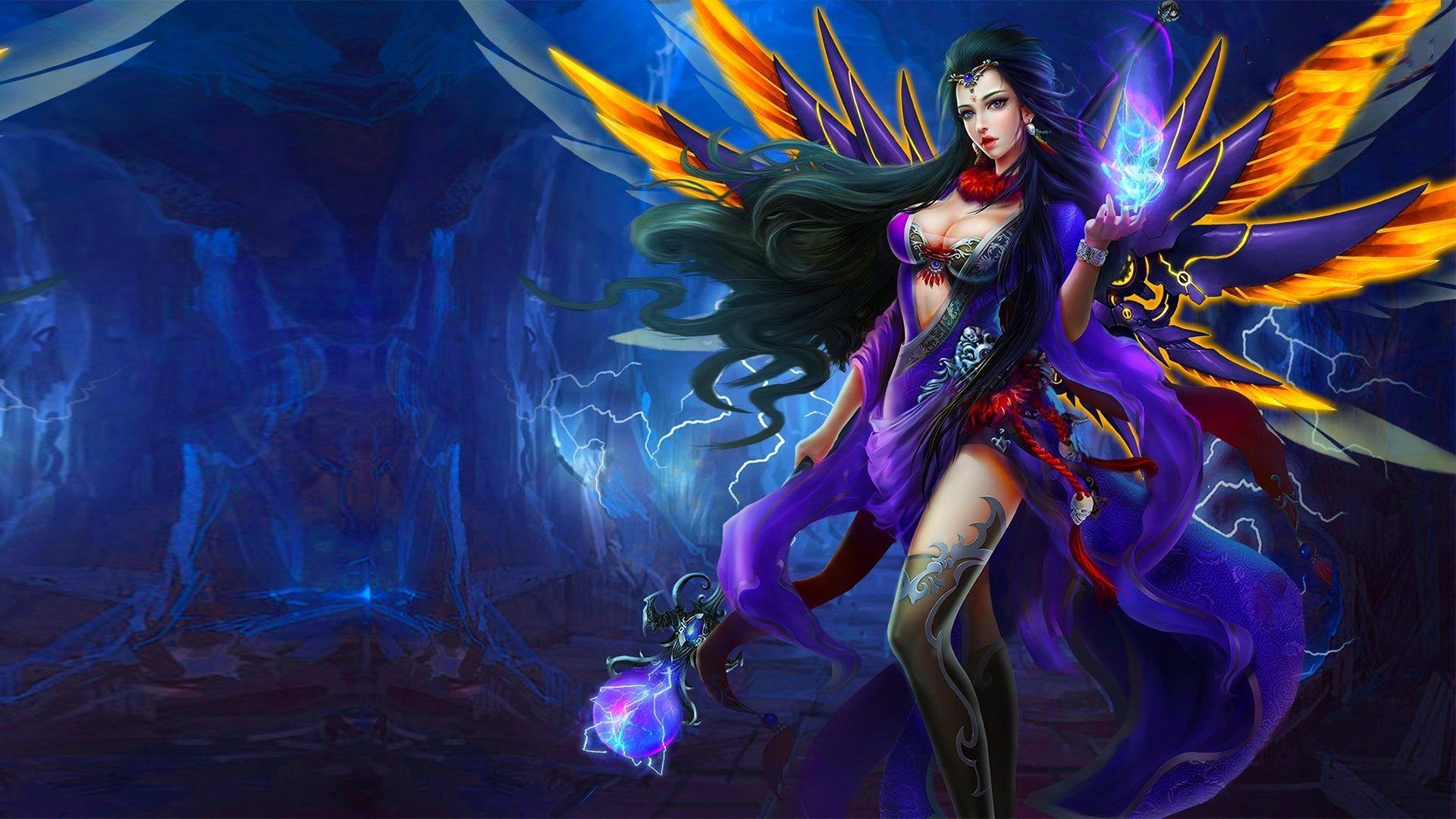 Purple Angel Girl with wings magic wand Fantasy art Wallpaper