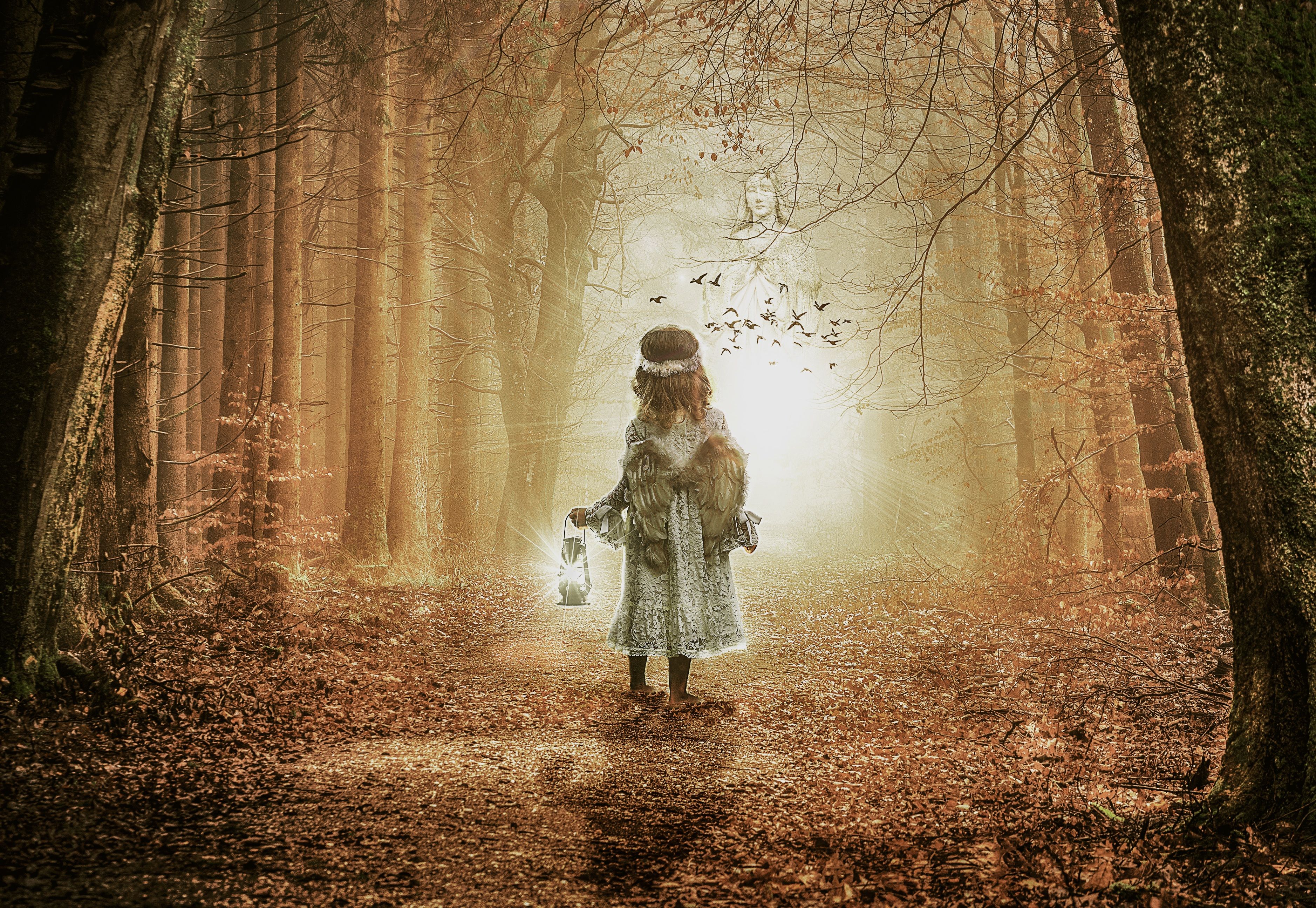 Wallpaper Girl, Child, Alone, Autumn, Leaves, Angel wings, Fairy