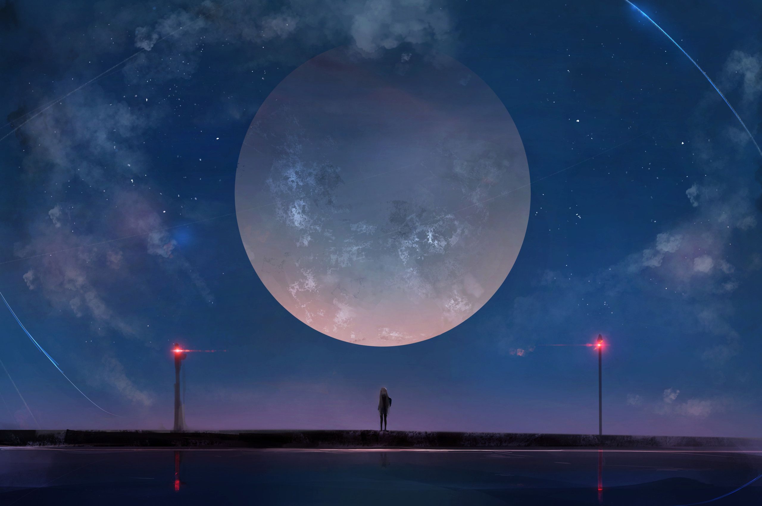 Huge Moon Anime Girl Night Sky Stars Chromebook Pixel HD