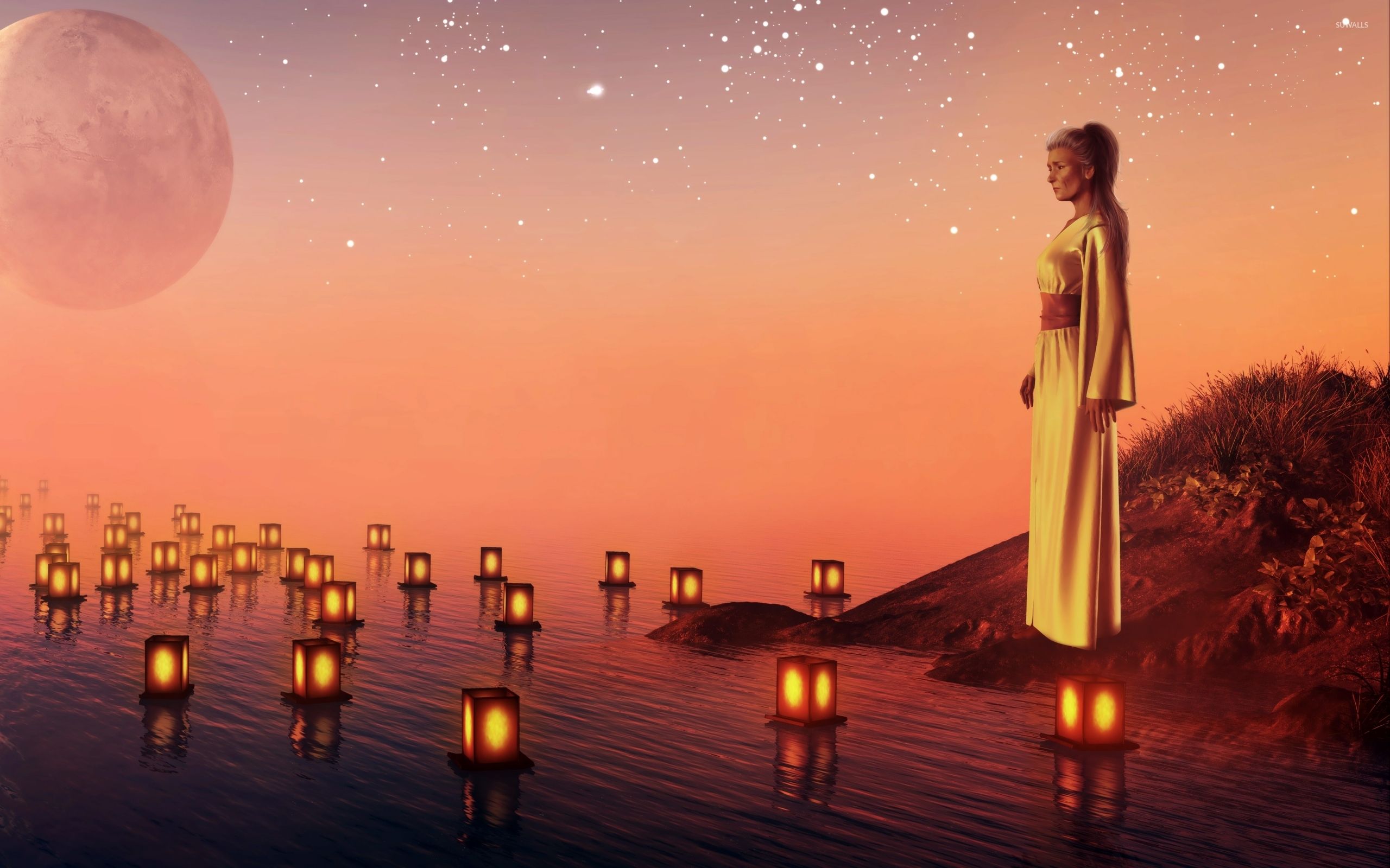 Sad woman watching the candles floating on the water wallpaper Art wallpaper