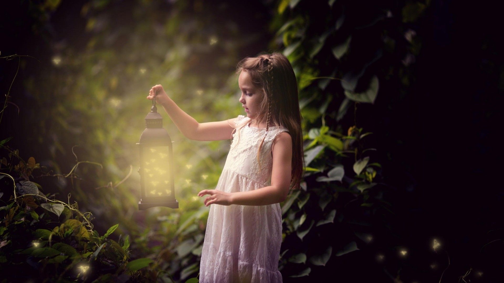 children little girl lantern leaves Wallpaper HD / Desktop
