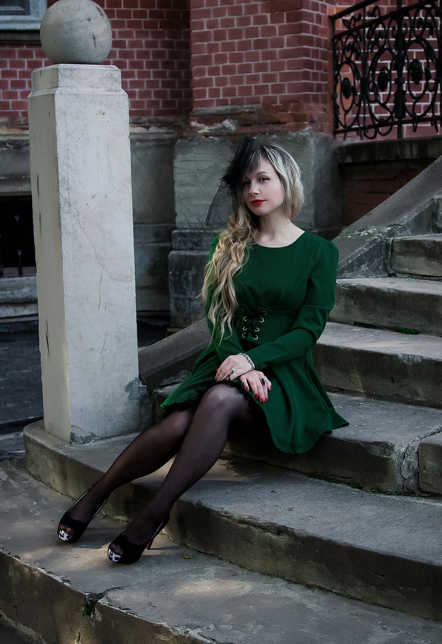 HD wallpaper: woman sitting on grey concrete stairs, ladder