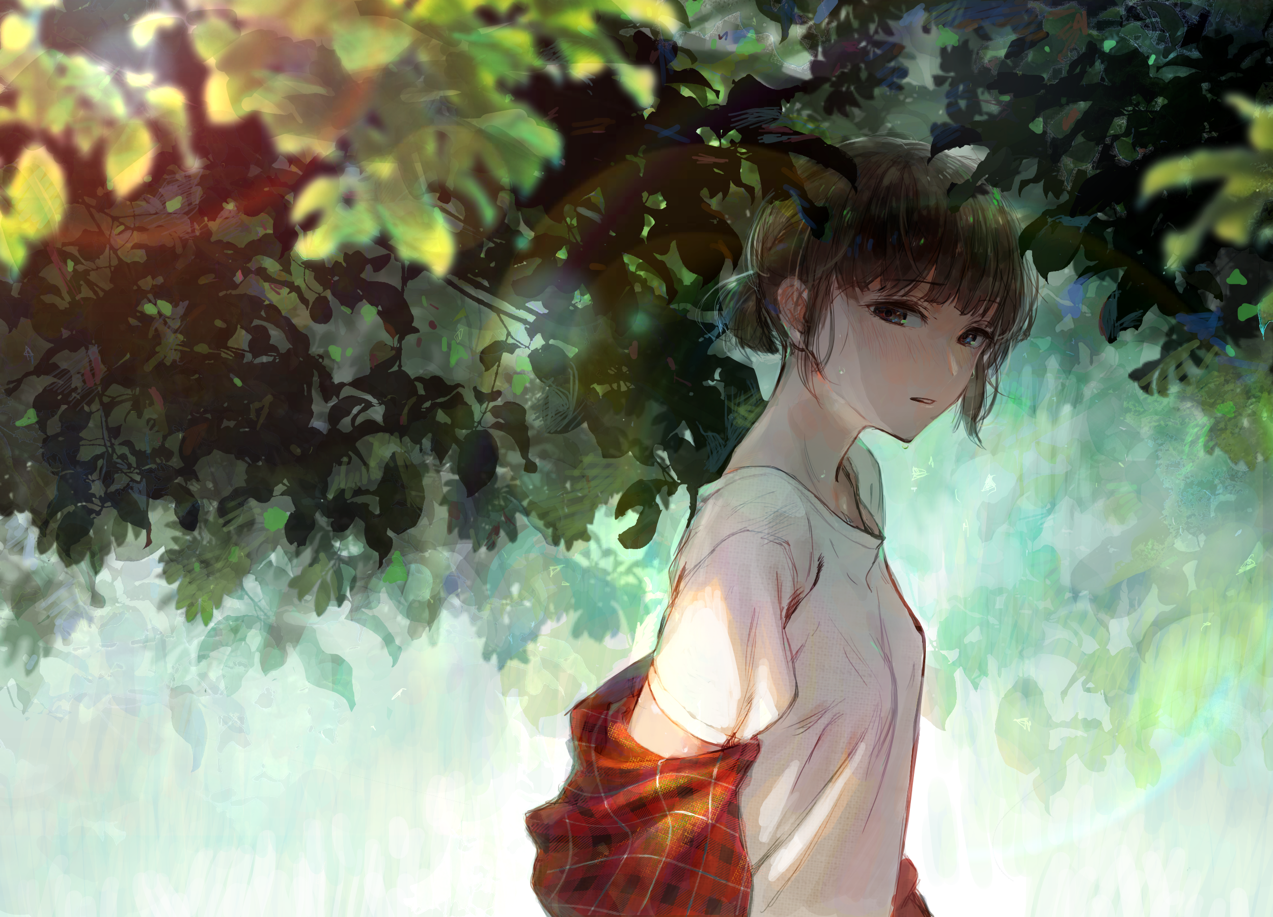 Download 2500x1800 Anime Girl, Leaves, Tree, Summer, Short Hair