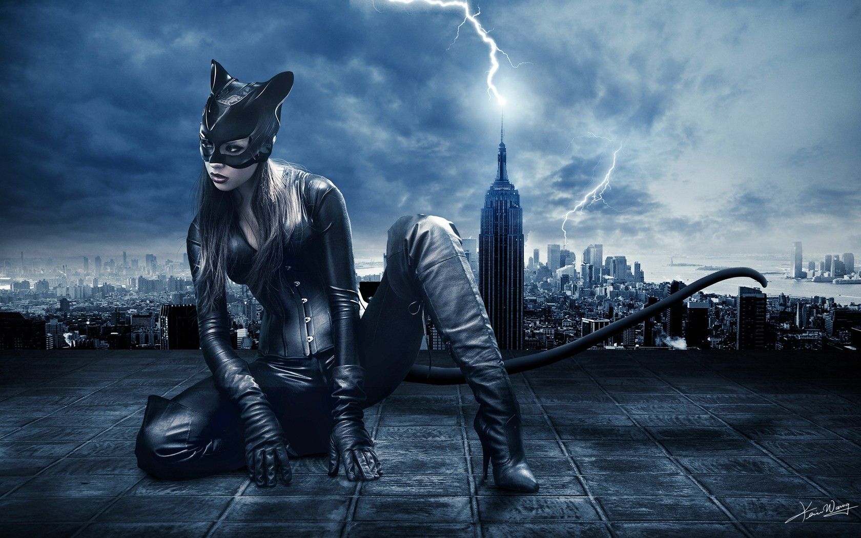 women, clouds, night, Catwoman, buildings, cities, night city