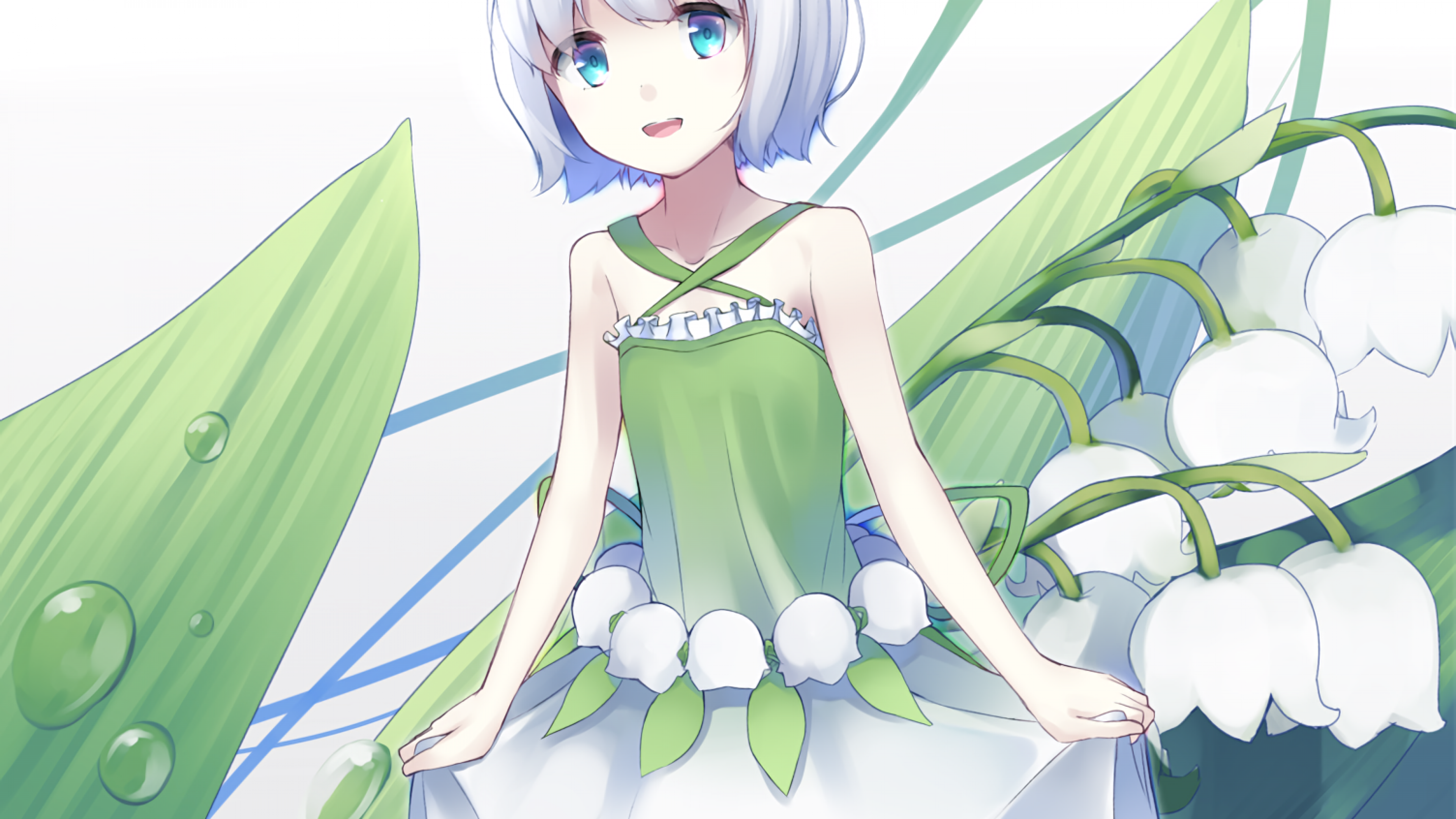 Download 3840x2160 Anime Girl, White Hair, Plants, Cute, Leaves