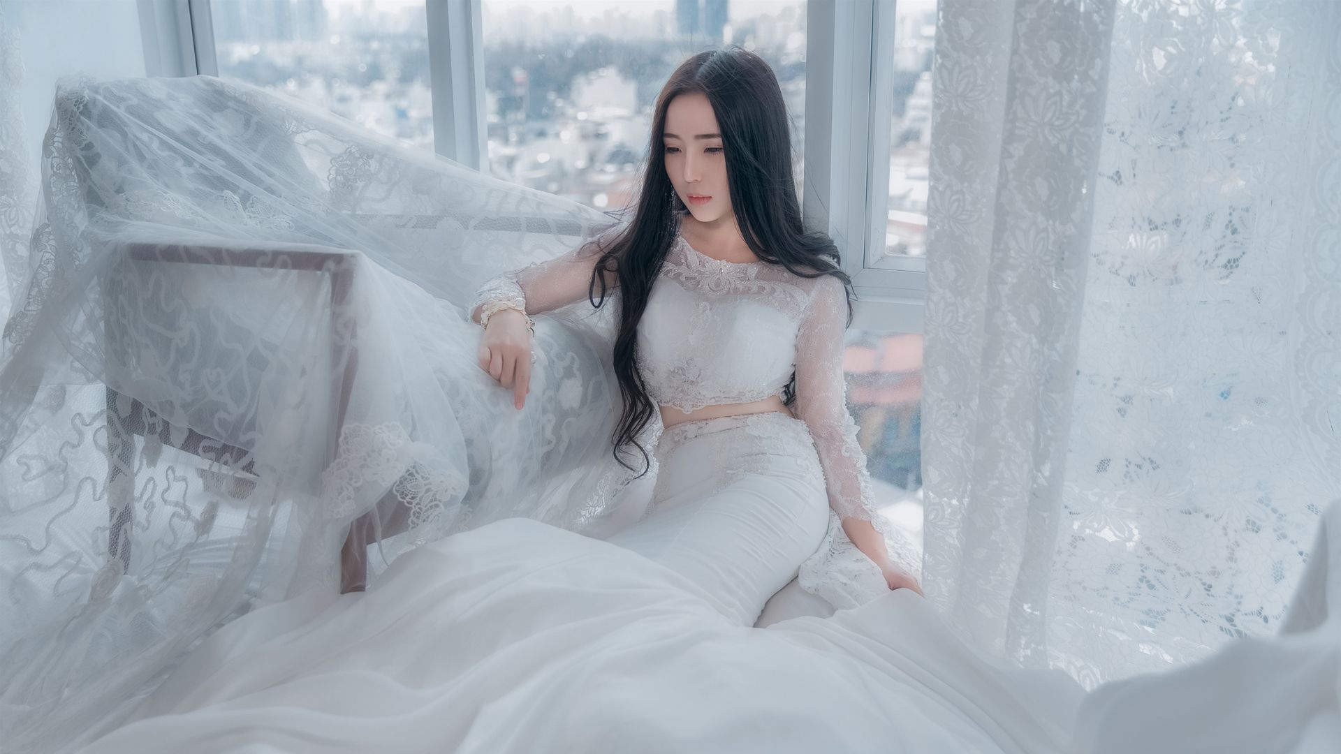 Women Bride Woman Model Girl Asian White Dress Wedding Dress Long Hair Black Hair HD Wallpaper Background Image