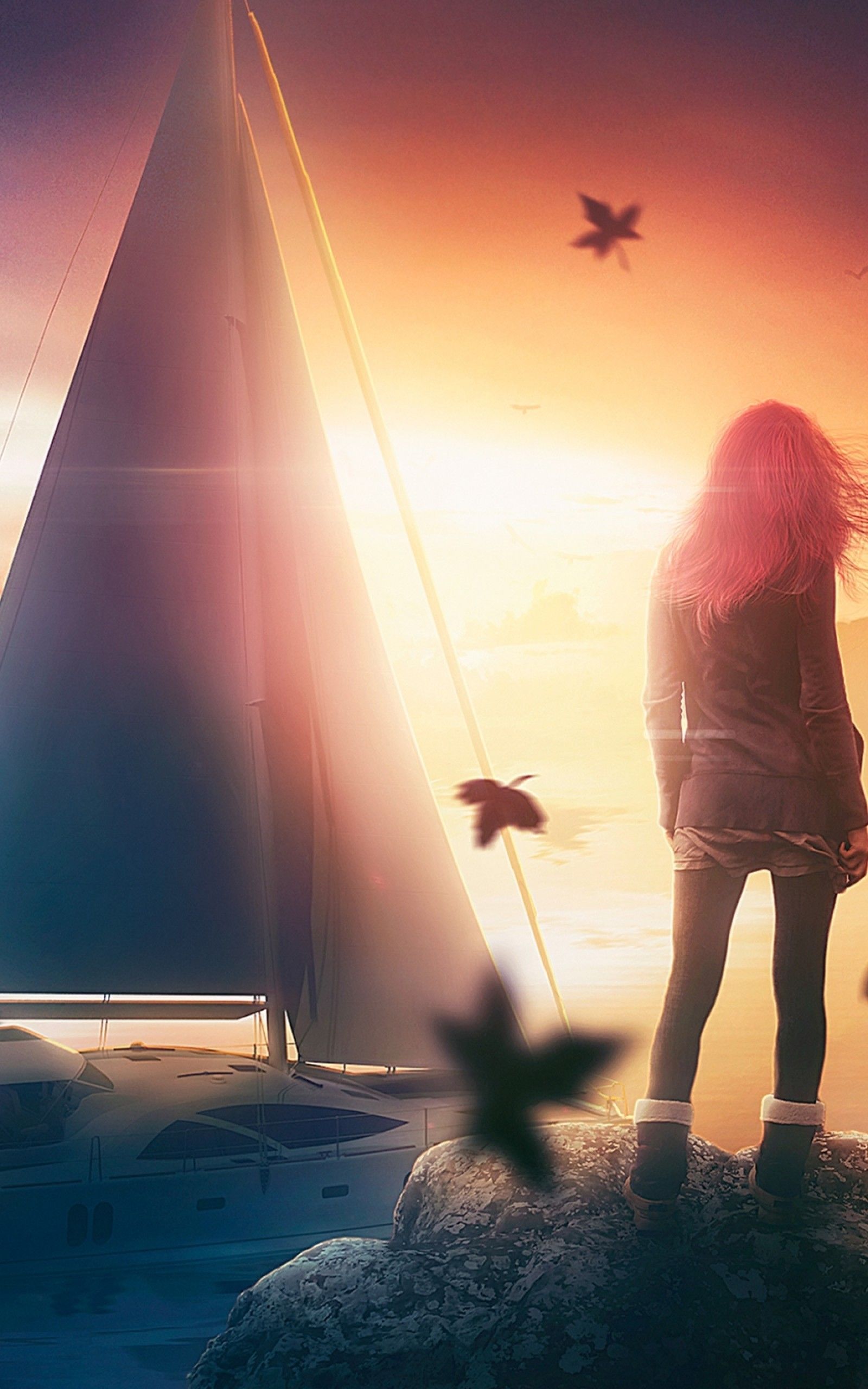 Download 1600x2560 Woman, Boat, Sunset, Leaves, Back View, Dream