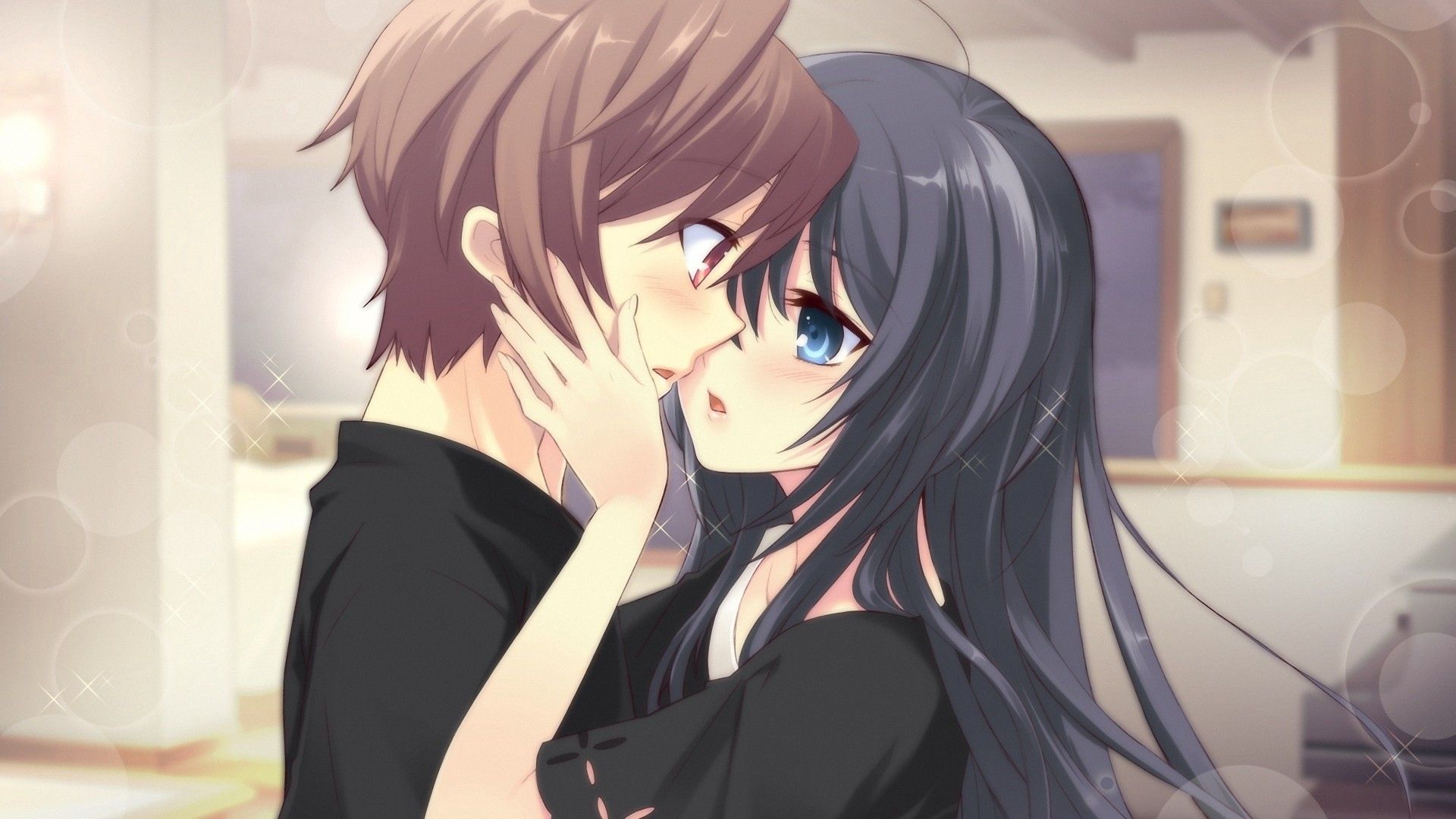 Download wallpaper 1920x1080 anime, boy, girl, tenderness, kiss