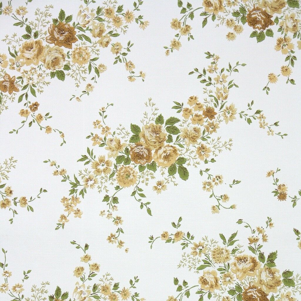 1960s Floral Vintage Wallpaper Golden Yellow Pinks Flower