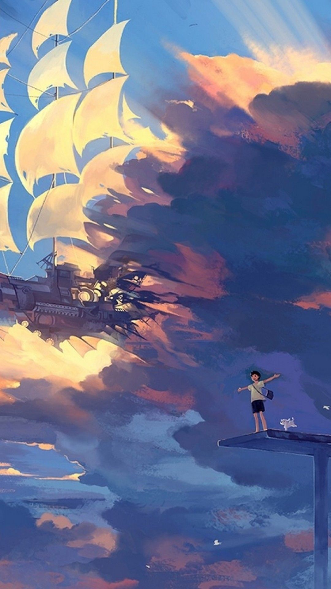 Wallpaper Hanyijie, Sky, Scenery, Ship, Anime, Art