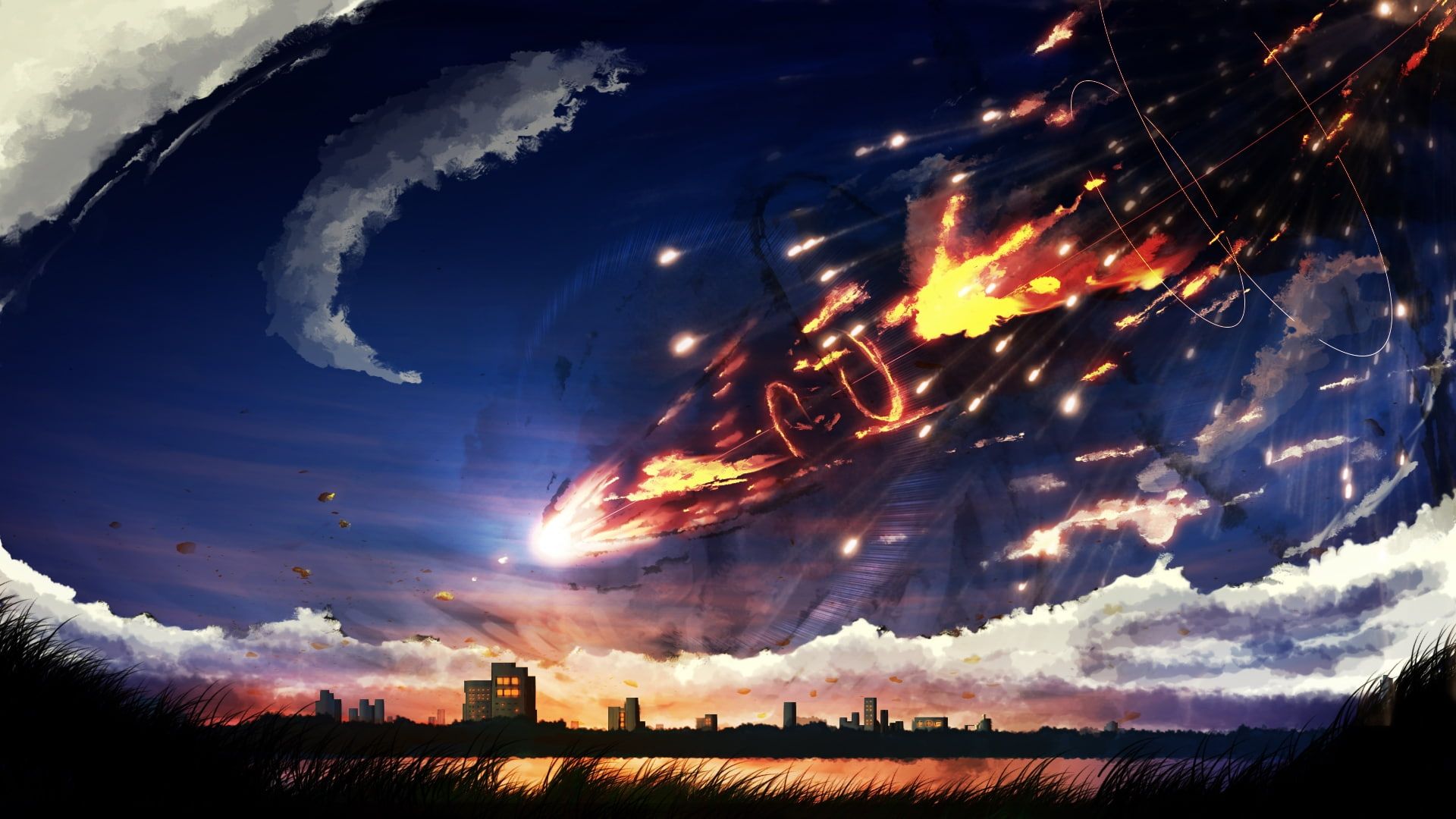 Anime landscape, meteor, clouds, buildings, sky, Anime, HD