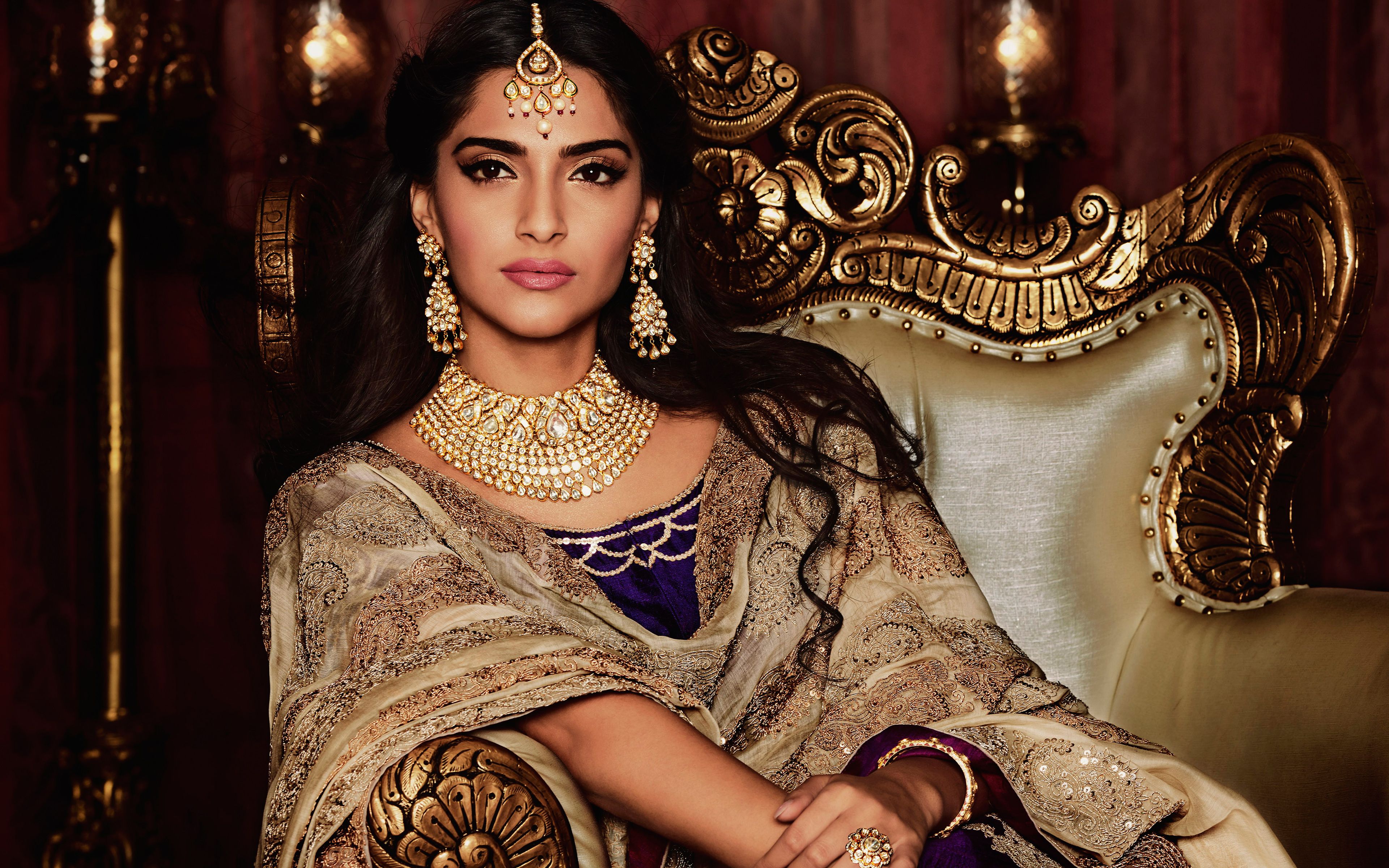 Download wallpaper Sonam Kapoor, Indian actress, 4k, Bollywood, makeup, portrait, beautiful Indian outfit, Indian jewelry, brunette, Indian women for desktop with resolution 3840x2400. High Quality HD picture wallpaper