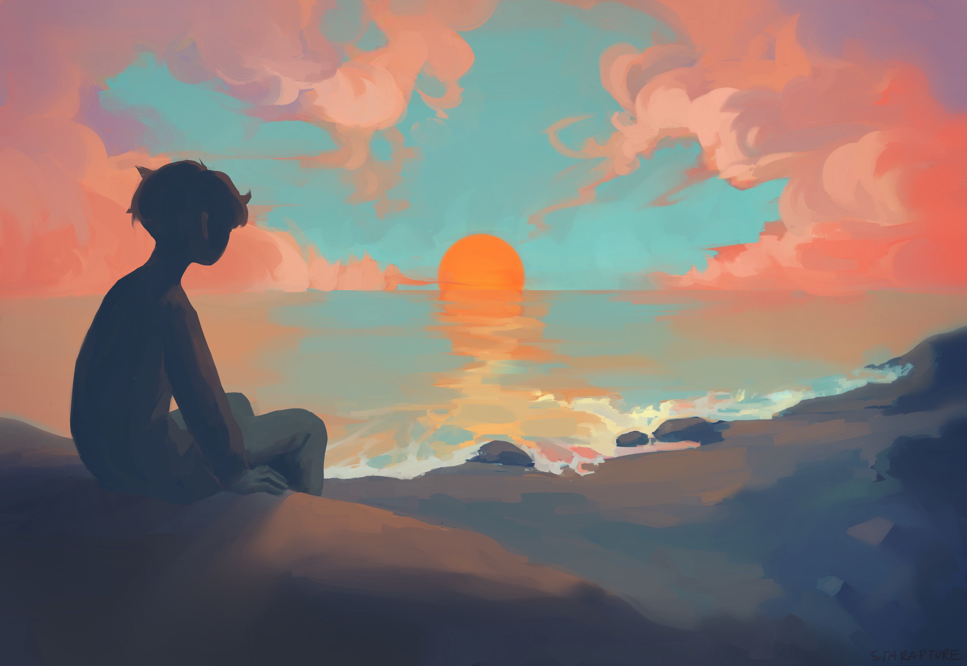 Anime Boy Sitting Watching Sunset 1280x1024 Resolution