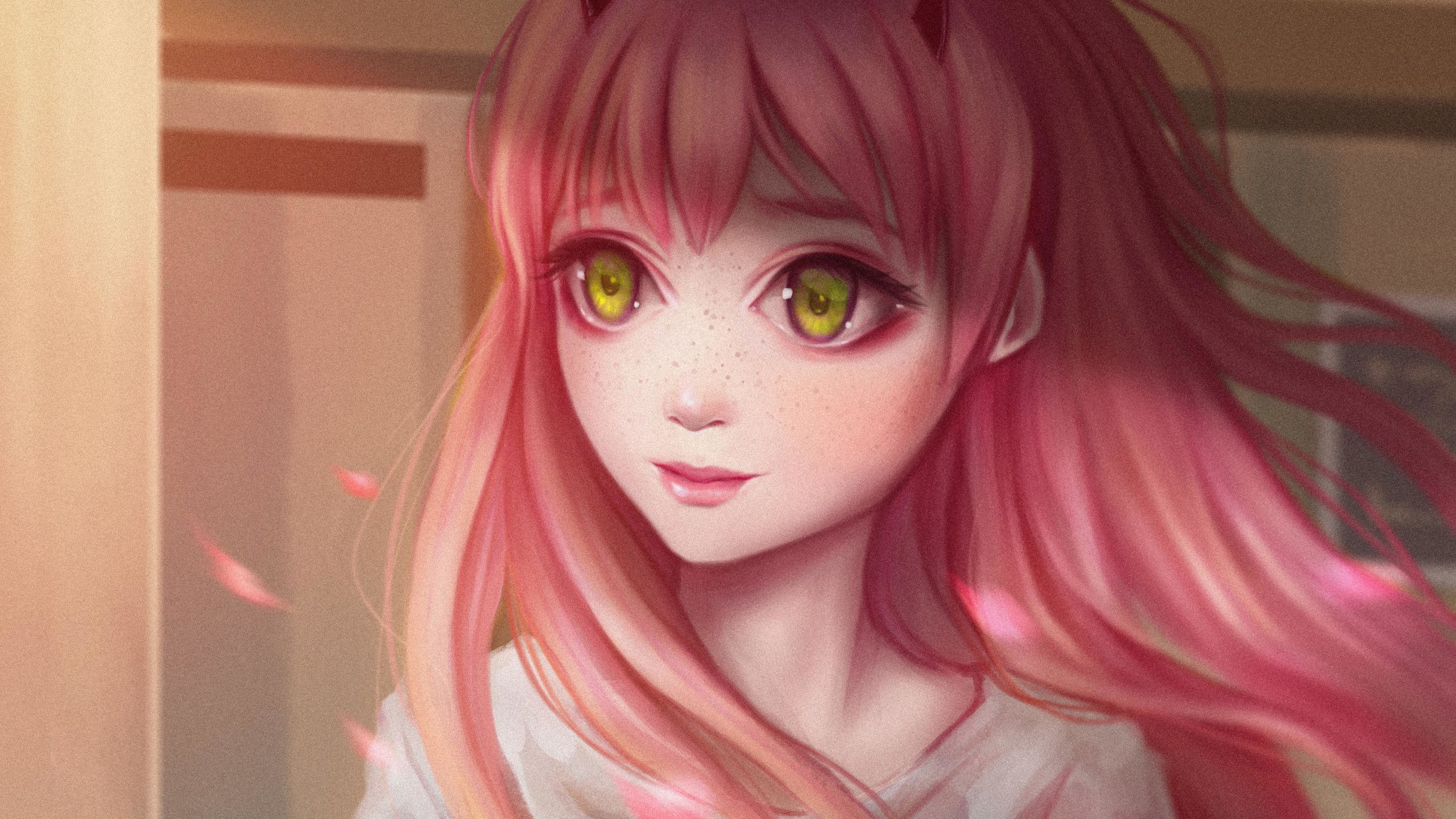 Cute Anime Girl Pink Hairs Red Eyes 1440P Resolution HD