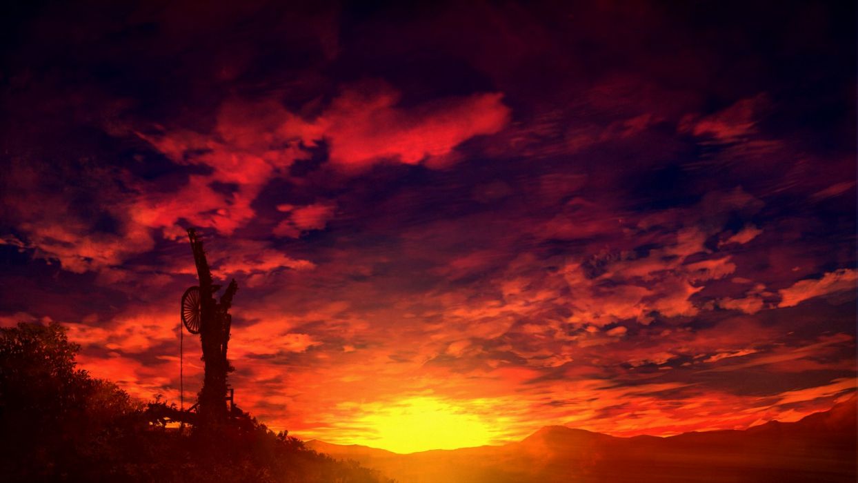 Original anime landscape sunset sky cloud beautiful red wallpaper