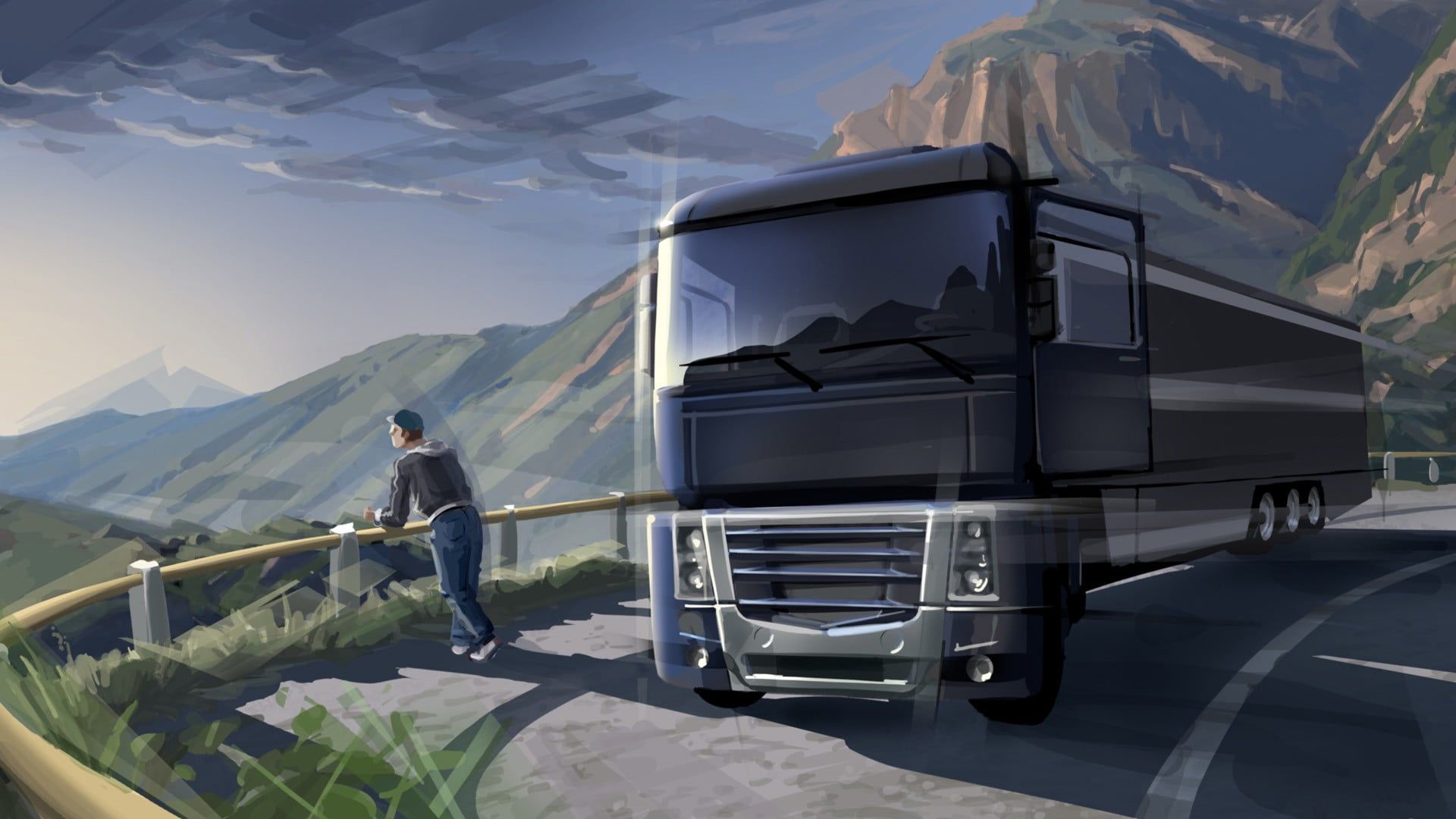 Man beside bus illustration, euro truck simulator, SCS Software
