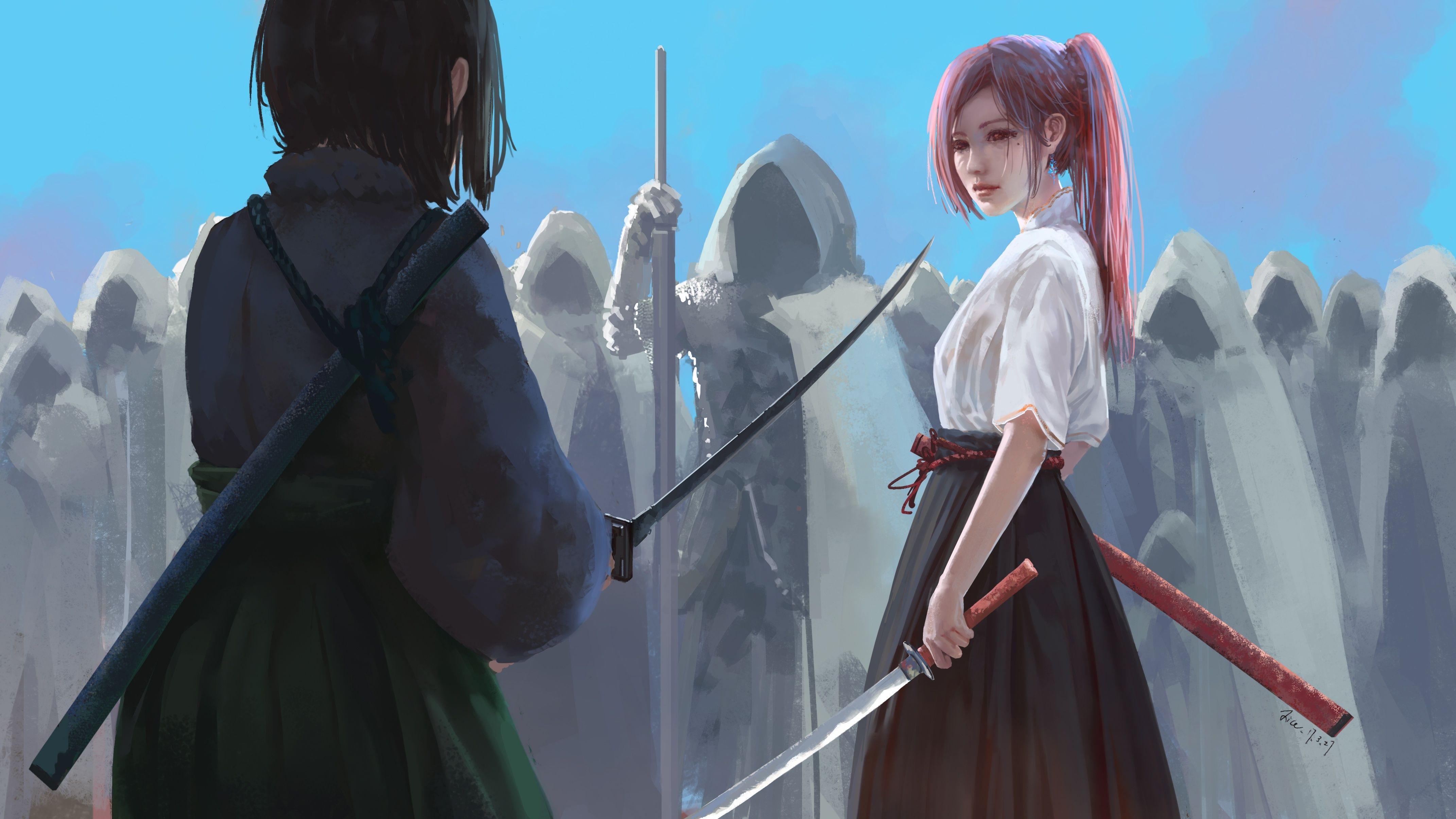 Anime girls samurai pink hair semi realistic fighting wallpaper
