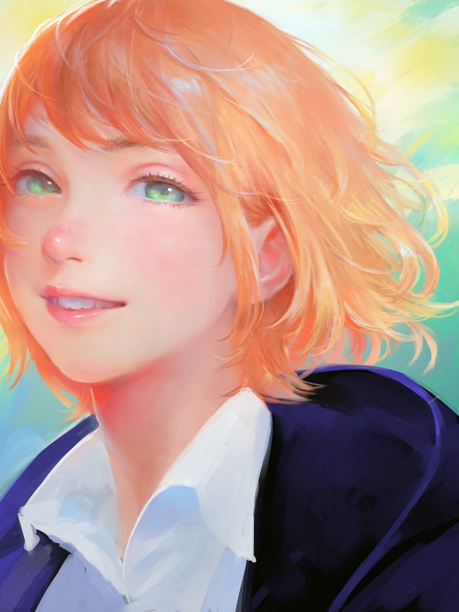 Download 1536x2048 Blonde, Realistic Anime Girl, Smiling, Wind