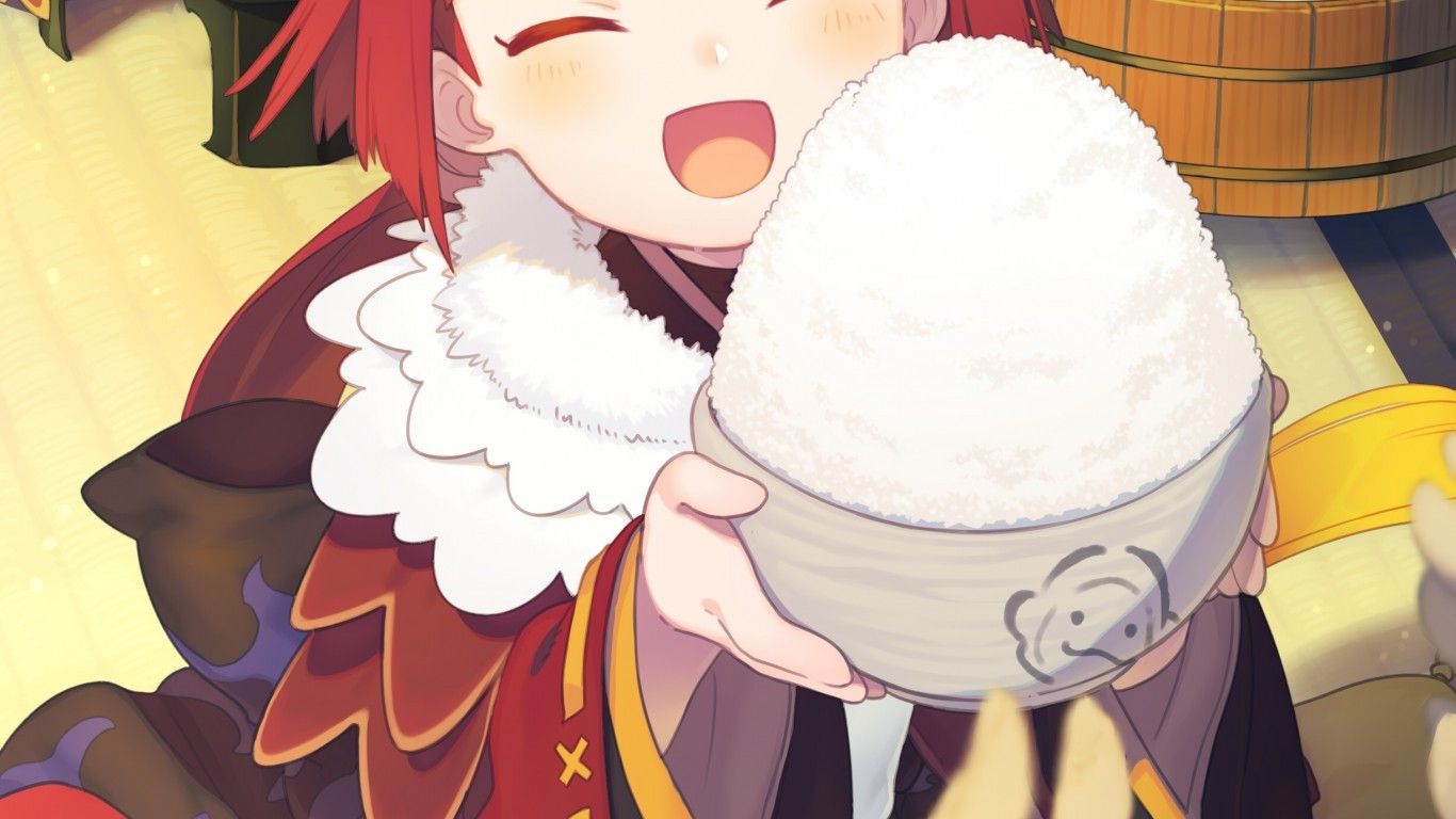 Download 1366x768 Anime Girl, Loli, Redhead, Rice Bowl, Cute, Cape