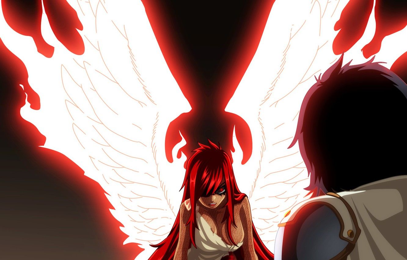 Wallpaper red, girl, game, red hair, dress, anime, wings, red eyes
