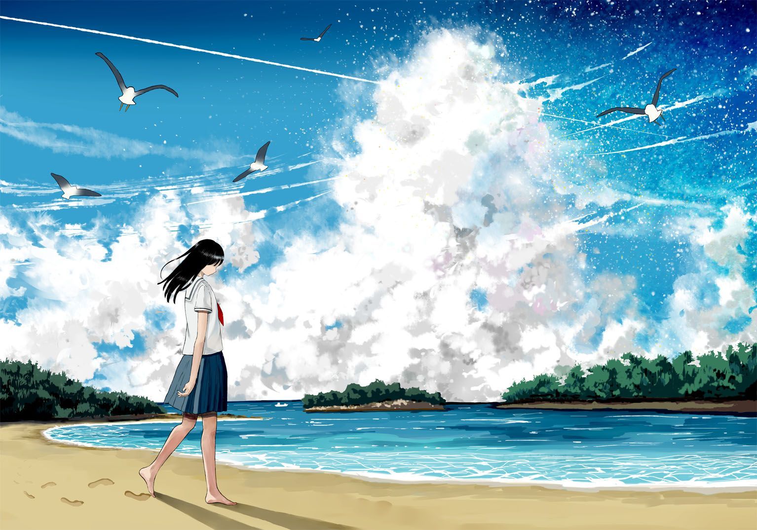 girl alone in beach under the palm tree anime digital art illustration  painting wallpaper Stock Illustration | Adobe Stock