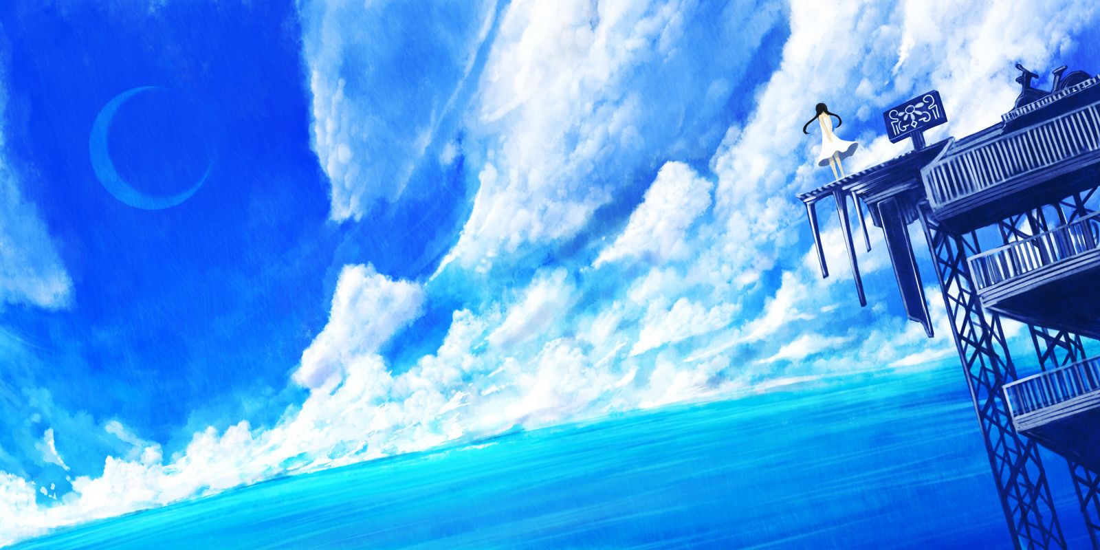 HD wallpaper anime girl ocean fish ship beach dress sky moon  clouds  Wallpaper Flare