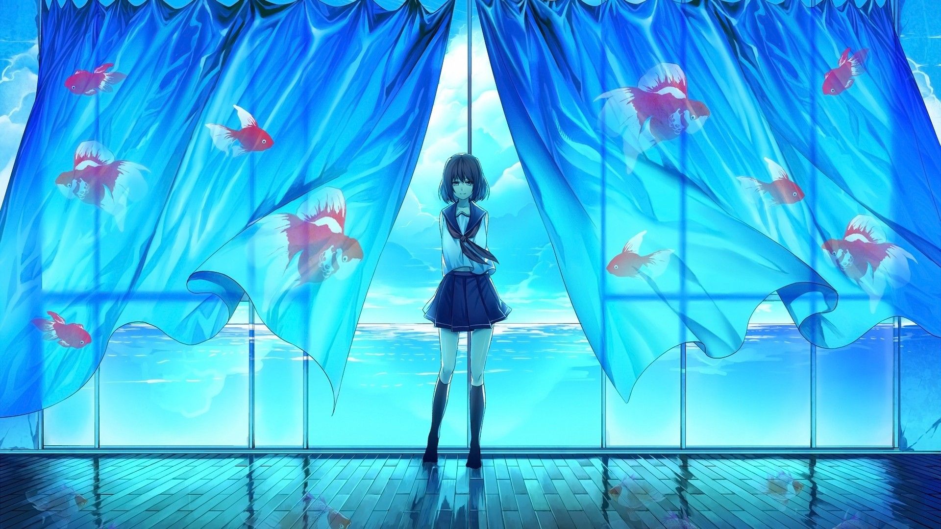 fish, school uniforms, curtains, anime girls, sea, upscaled wallpaper