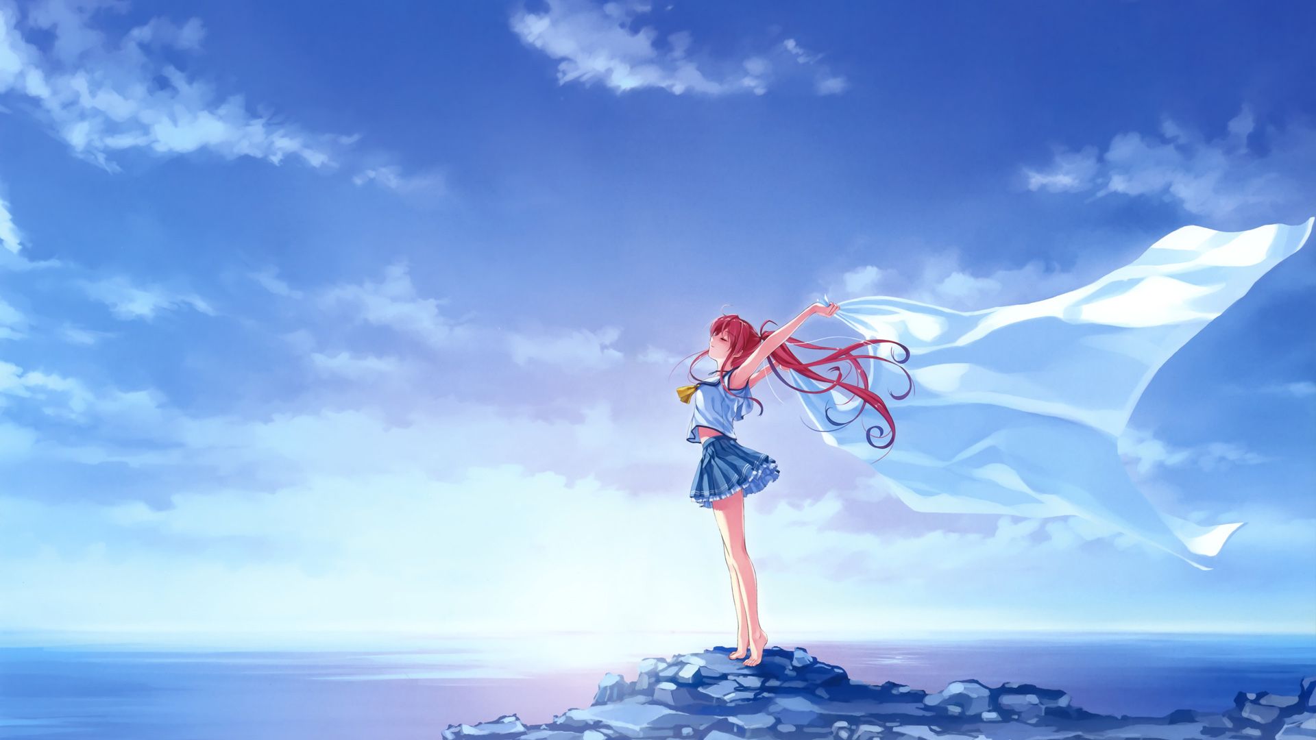 Deep blue sky, sea, clean, white cloth, cute anime girl wallpaper