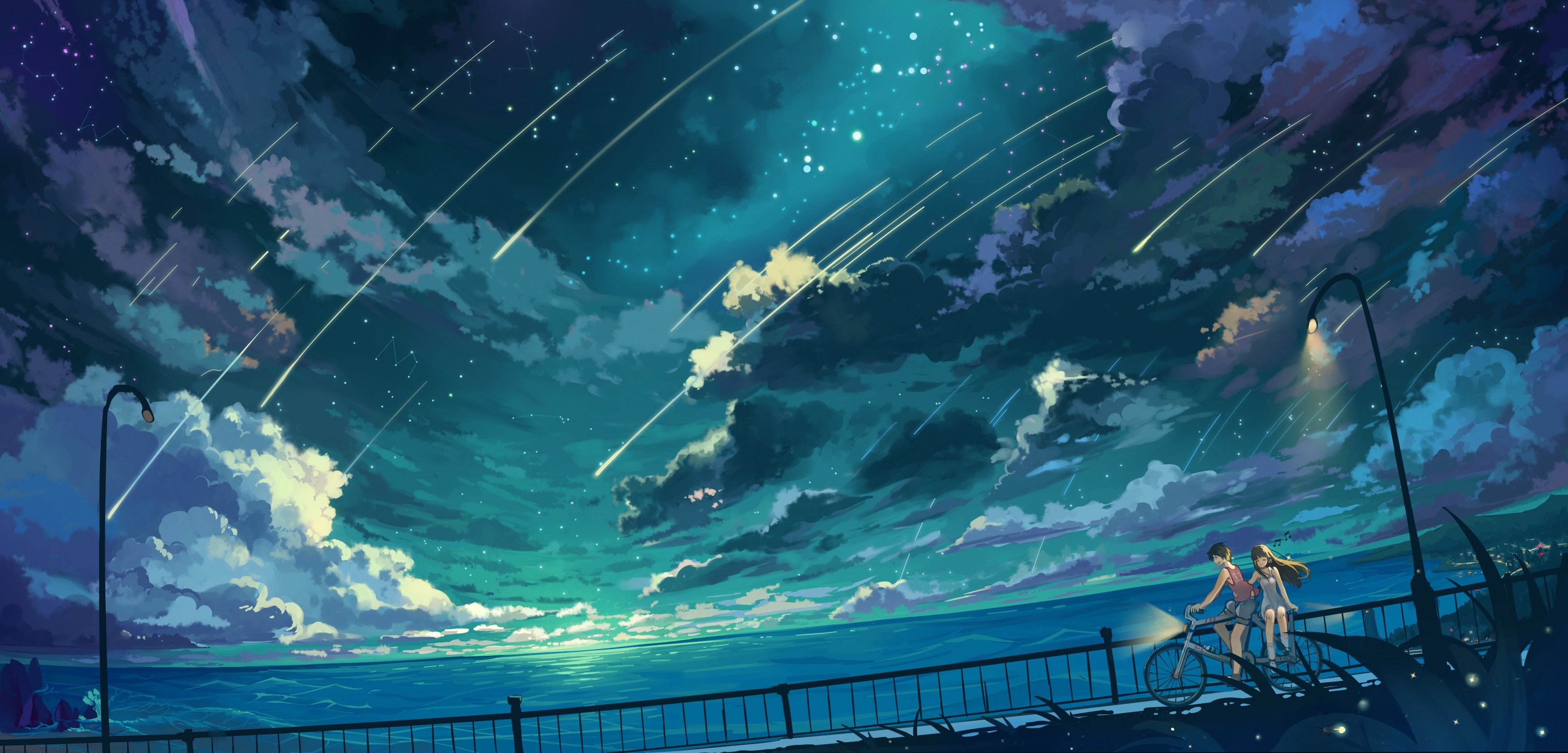 #sky, #stars, #night, #clouds, #bicycle, #anime, #sea