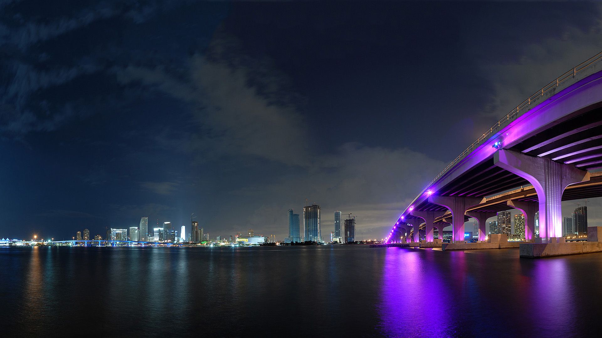 Miami Bridge Colorful Lights Night Cityscape Desktop Wallpaper