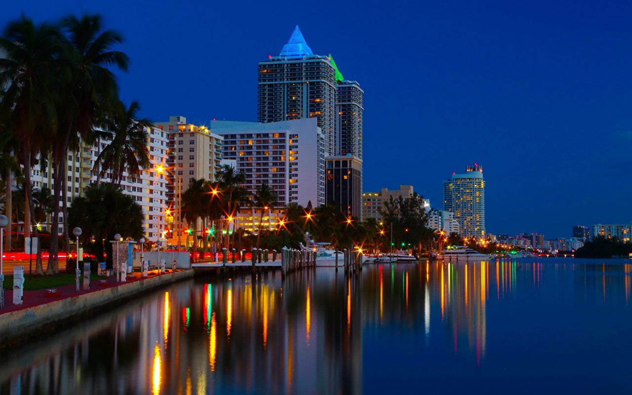 Wallpaper Miami USA Night Coast Rivers Cities Houses 1280x800