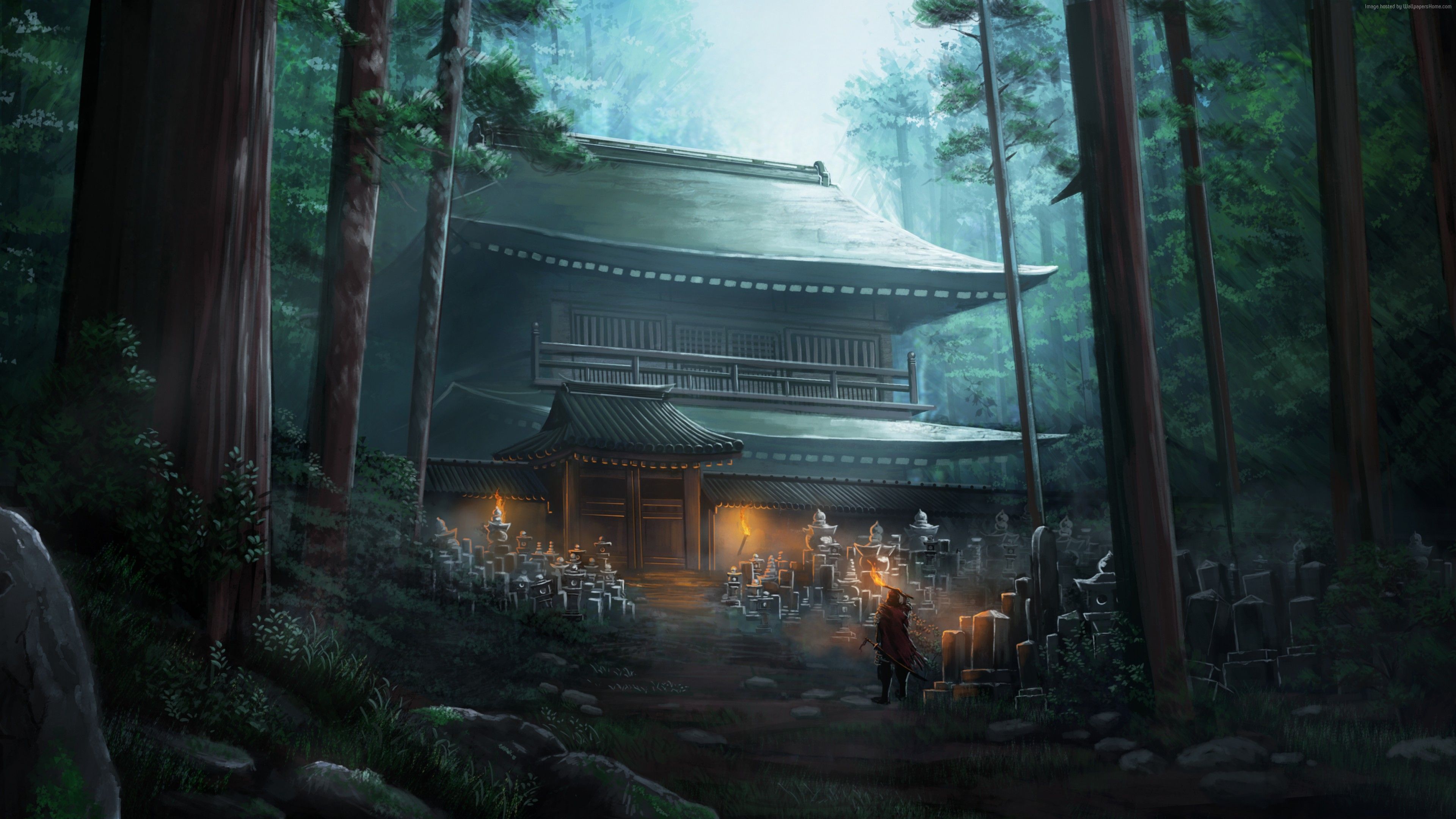 Wallpaper Temple, forest, 4K, Art. Samurai wallpaper, Wallpaper