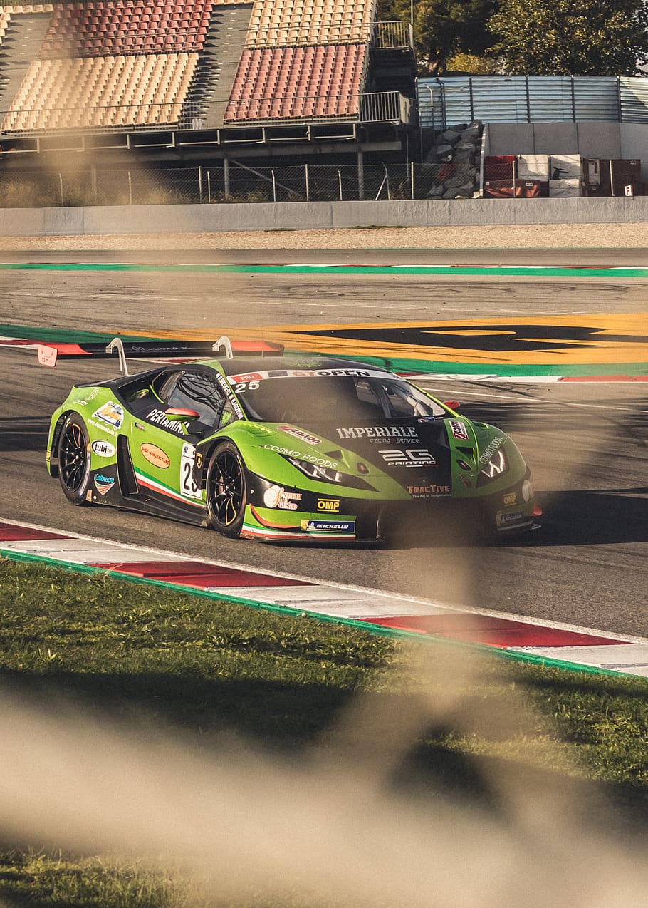 HD wallpaper: green and black Lamborghini race car on track during daytime