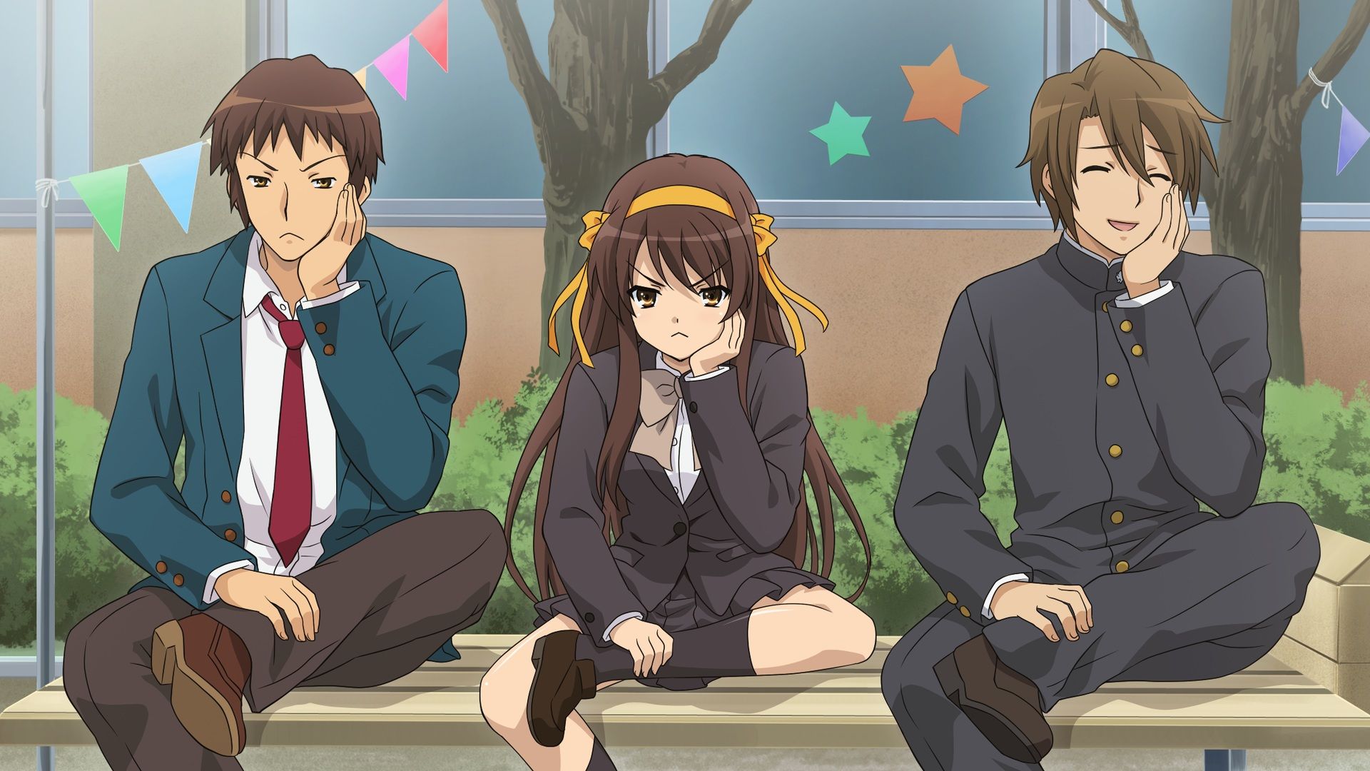 bored, Brown Hair, skirt, Anime Guy, bench, Kyon, Haruhi, tie
