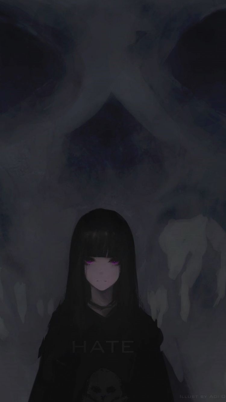 Download 750x1334 wallpaper anime girl, purple eyes, dark, skull