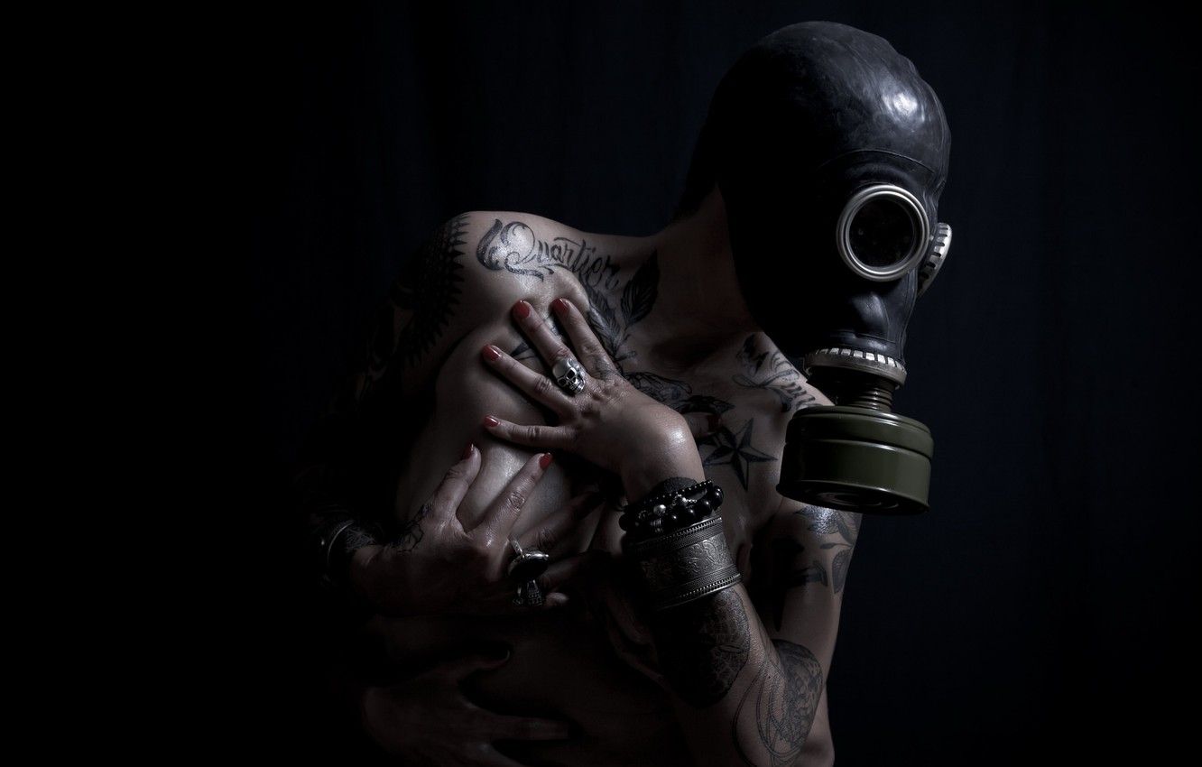 Wallpaper hands, tattoo, girl, gas mask image for desktop