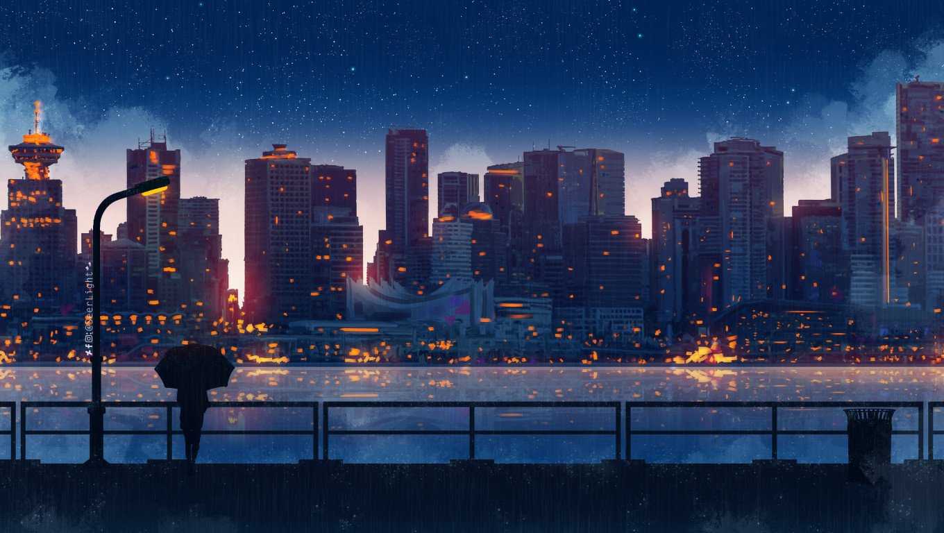 Anime City Lights Night Rain Umbrella Sky 5K HD Wallpaper (1360x768)